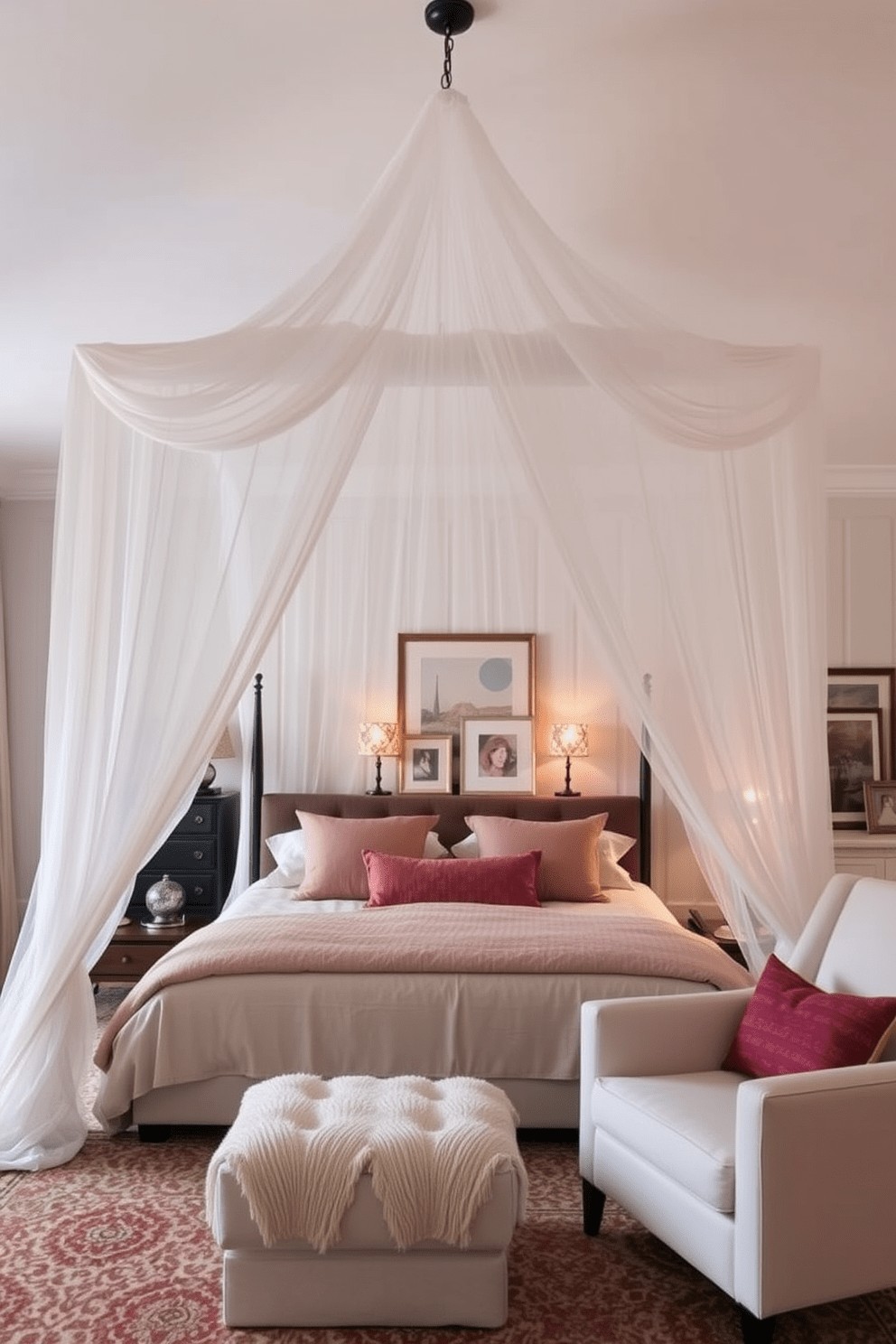 Chic canopies for a dreamy atmosphere. A luxurious bed draped with a flowing sheer canopy creates an inviting focal point in the room. Soft, neutral bedding complements the elegant fabric, while plush pillows add comfort and style. The walls are painted in a soft pastel hue, enhancing the serene ambiance of the space. Full bedroom design ideas. A spacious layout features a combination of modern and vintage furniture, including a stylish armchair and a sleek dresser. Warm lighting fixtures, such as bedside lamps with unique designs, provide a cozy glow. Decorative accents like framed artwork and layered rugs add personality and warmth to the overall design.