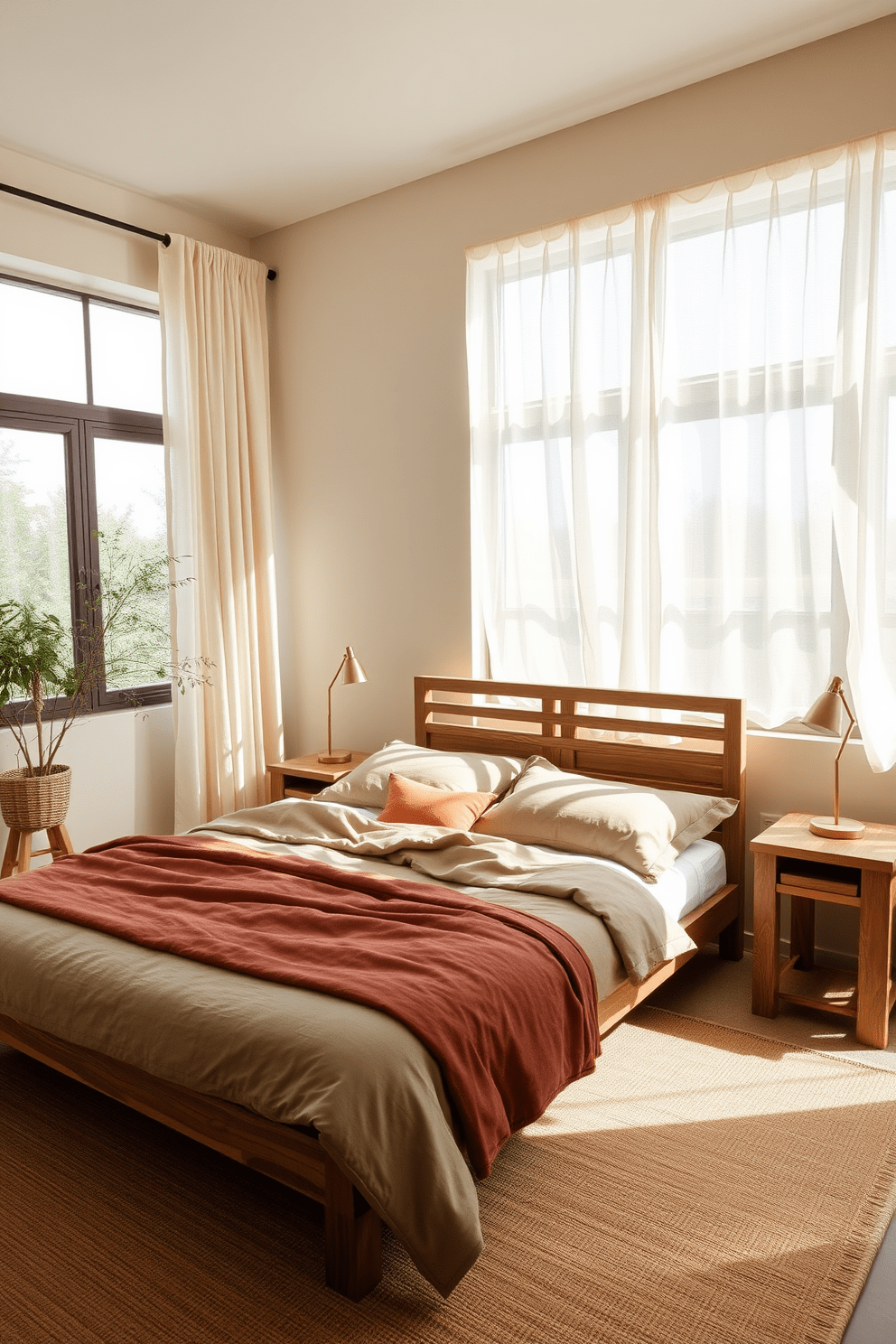 A serene bedroom setting that embraces nature-inspired decor with earthy tones. The walls are painted in a soft beige, and the bedding features organic cotton in shades of olive and terracotta. A wooden bed frame with a slatted headboard anchors the room, complemented by bedside tables made of reclaimed wood. Large windows allow natural light to flood the space, framed by sheer linen curtains that gently sway in the breeze.