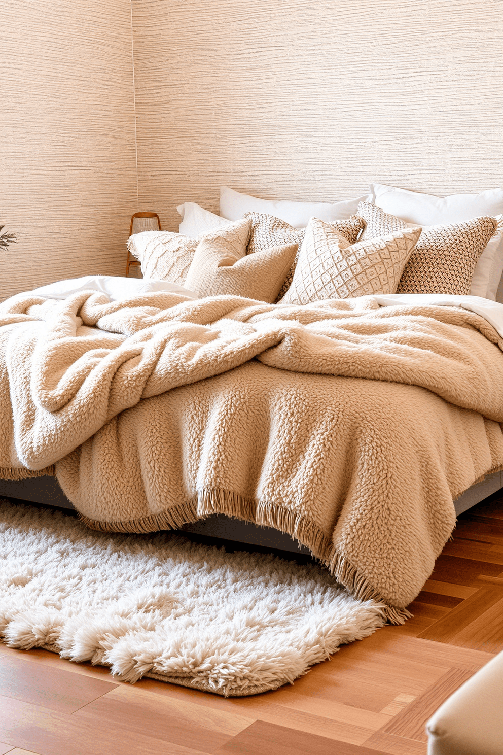 A cozy bedroom featuring layered textures for a warm feel. The bed is dressed in plush, oversized blankets and an array of decorative pillows in varying shades of beige and cream. A soft area rug lies beneath the bed, adding warmth and comfort to the space. The walls are adorned with textured wallpaper, creating depth and interest in the room.