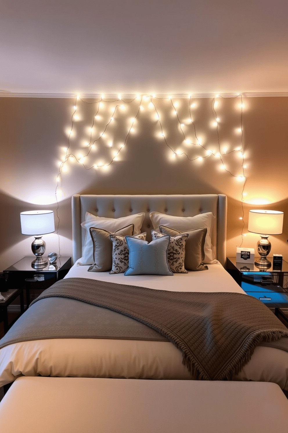 A cozy bedroom filled with soft lighting created by delicate fairy lights draped along the headboard and ceiling. The walls are painted in a warm beige tone, complemented by plush bedding in shades of cream and soft blue. A large, inviting bed is centered in the room, adorned with an assortment of decorative pillows and a textured throw blanket. A stylish nightstand on either side holds elegant lamps that emit a gentle glow, enhancing the tranquil atmosphere.