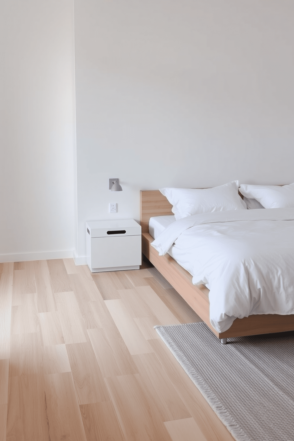 A serene full bedroom featuring minimalist design principles. The space includes a low-profile platform bed with crisp white linens and a simple wooden headboard. Adjacent to the bed, there are sleek nightstands with clean lines and integrated lighting. A neutral area rug softly contrasts with the light hardwood floor, adding warmth to the space.