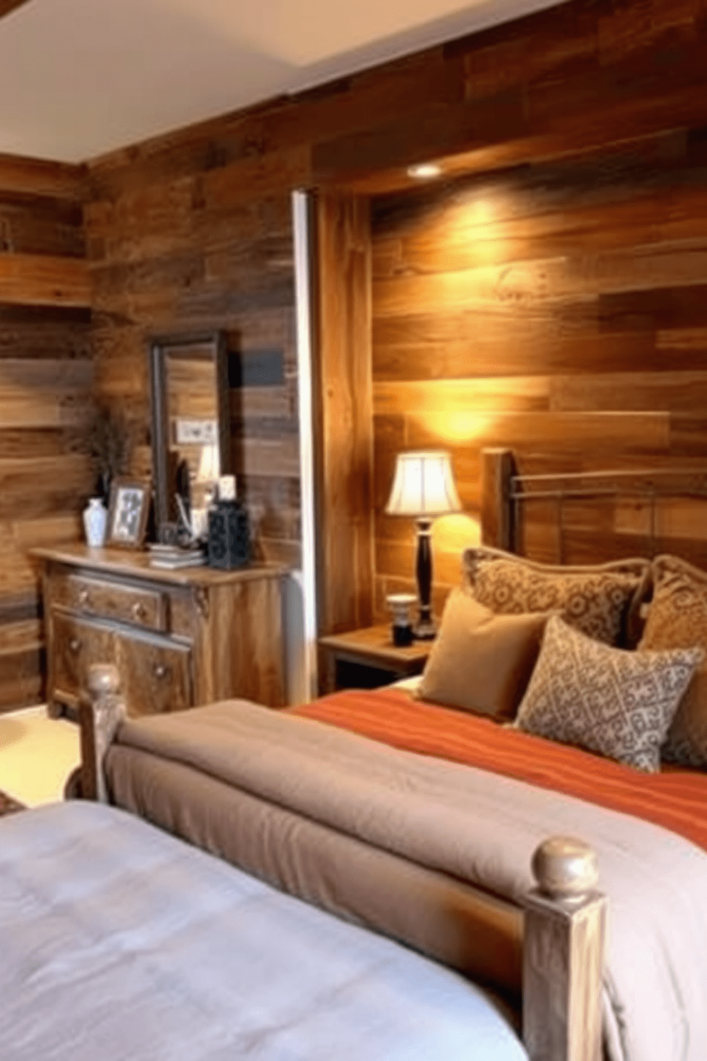 A cozy bedroom featuring reclaimed wood accents throughout the space. The bed is framed with a rustic wooden headboard and adorned with layered textiles in warm earth tones. A vintage dresser made from reclaimed wood stands against one wall, topped with decorative items and a mirror. Soft, ambient lighting illuminates the room, creating a welcoming and tranquil atmosphere.