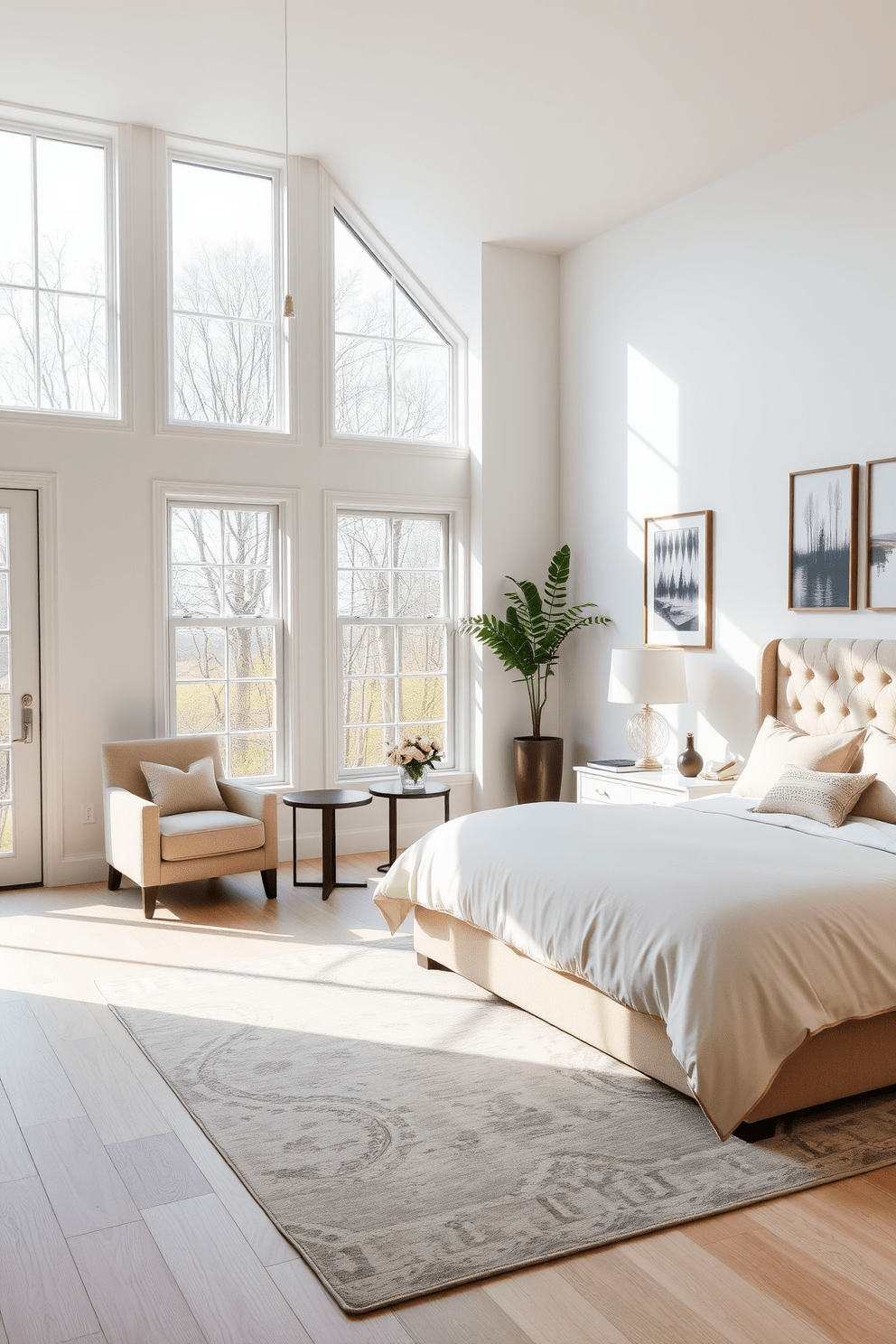 Bright and airy full bedroom design with large windows that allow natural light to flood the space. The room features a plush king-sized bed dressed in soft, neutral linens and a stylish upholstered headboard. A cozy seating area is positioned by the windows, complete with a pair of elegant armchairs and a small round table. The walls are painted in a soft pastel hue, complementing the light wood flooring and adding to the serene atmosphere. Decorative elements include a large area rug that adds warmth, along with framed artwork that reflects a calming nature theme. Soft lighting fixtures, such as pendant lights and bedside lamps, create a welcoming ambiance in the evening.