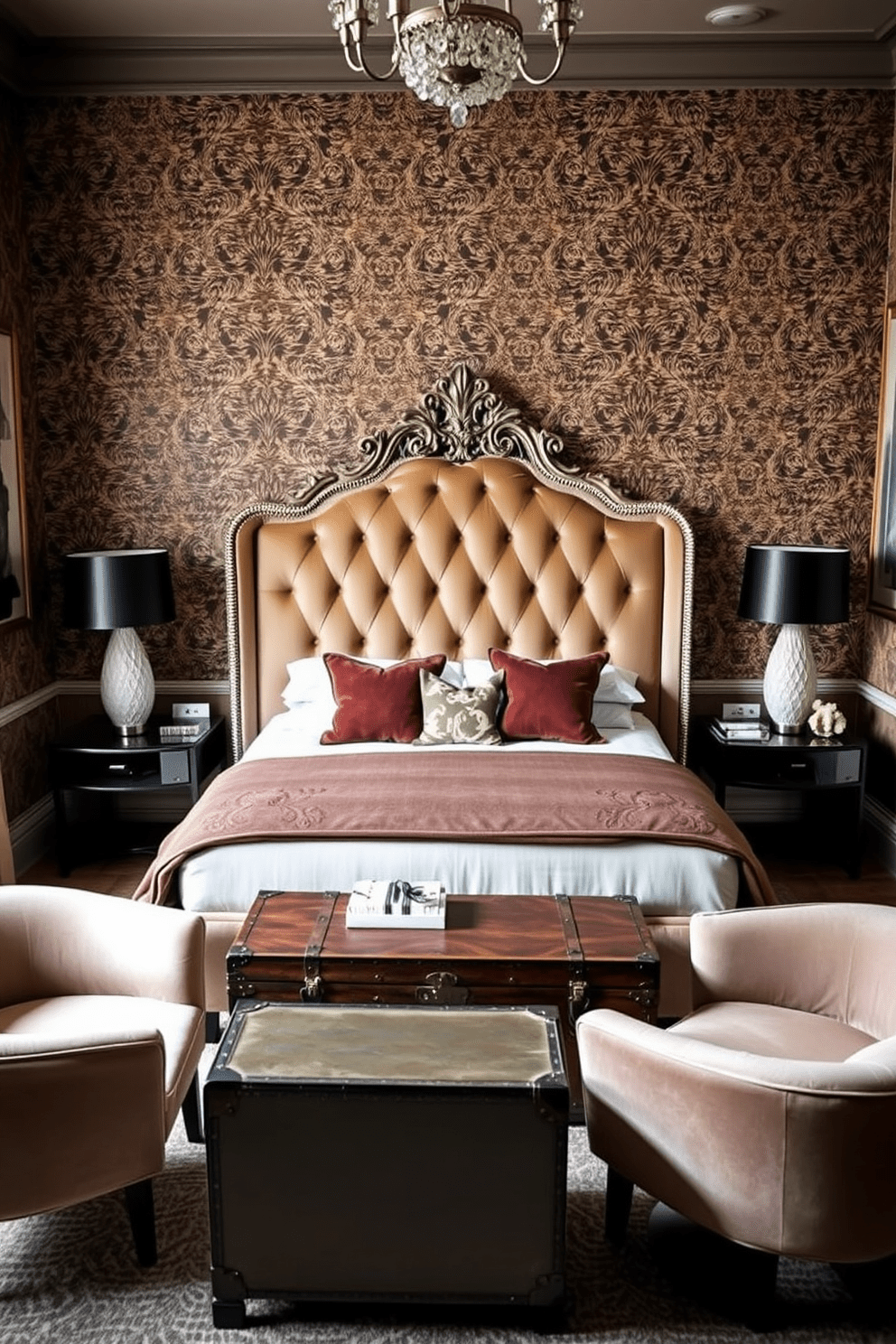 A cozy full bedroom that blends vintage and modern elements. The room features a plush velvet bed with an ornate headboard, complemented by contemporary bedside tables with sleek lamps. Richly patterned wallpaper adds character to one wall, while the opposite wall is adorned with abstract art. A vintage trunk serves as a stylish coffee table at the foot of the bed, surrounded by modern accent chairs.