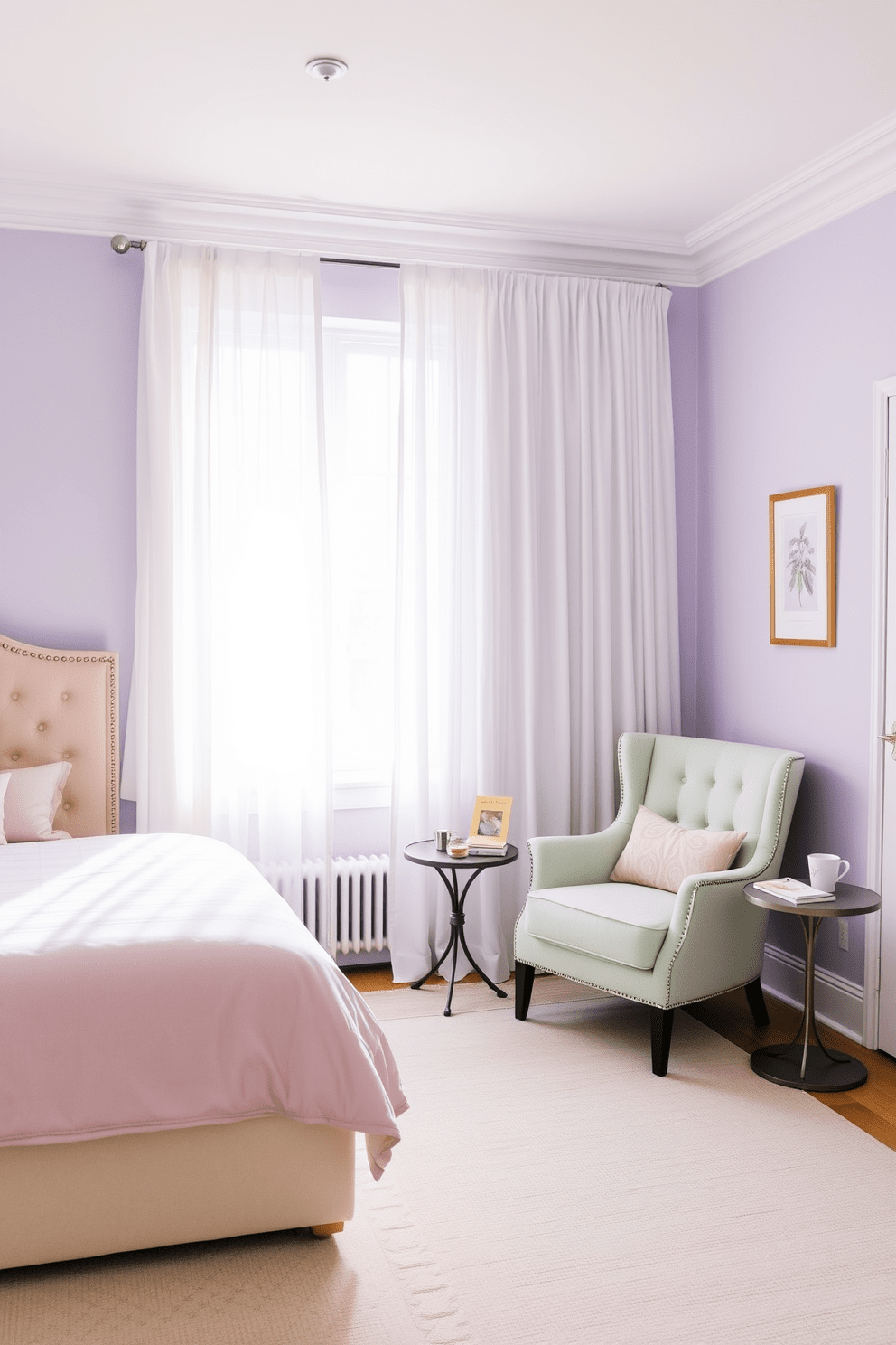 A serene bedroom retreat featuring soft pastel colors that create a calming vibe. The walls are painted in a gentle lavender hue, complemented by light pink bedding on a plush queen-sized bed with a tufted headboard. A cozy reading nook is positioned by a large window, adorned with sheer white curtains that allow natural light to filter in. A stylish armchair in a soft mint green is paired with a small side table, perfect for holding a cup of tea and a book.