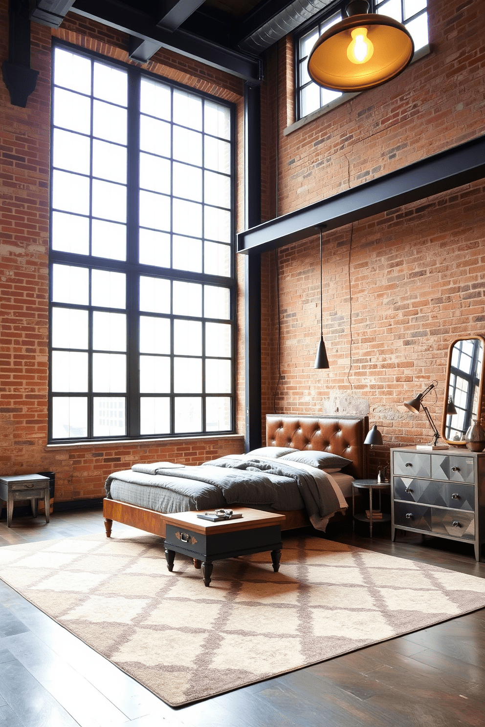 A spacious industrial bedroom featuring exposed brick walls and large metal-framed windows that allow natural light to flood the space. The room includes a king-sized bed with a distressed leather headboard and a mix of vintage and modern metal bedside tables. A large area rug with geometric patterns anchors the space, while a sleek metal dresser adds functionality. Industrial-style pendant lights hang from the ceiling, providing a warm glow that complements the overall aesthetic.