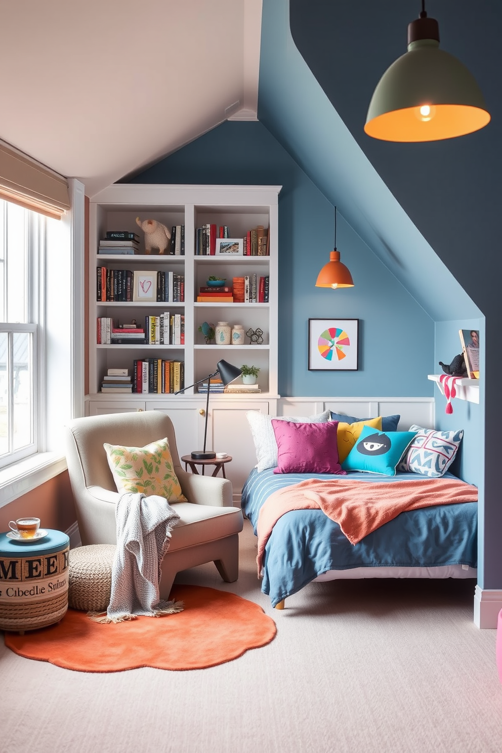 Cozy reading nook with built-in shelves. This inviting space features a plush armchair positioned beside a large window, allowing natural light to flood in. The built-in shelves are filled with books and decorative items, creating a warm and personalized atmosphere. Soft throw blankets and cushions add comfort, while a small side table holds a steaming cup of tea. Fun attic room design ideas. The space is transformed into a playful retreat with colorful wall paint and whimsical decor elements. A cozy bed is nestled under the sloped ceiling, adorned with vibrant bedding and playful pillows. A small desk area encourages creativity, complemented by quirky lighting fixtures that enhance the fun ambiance.