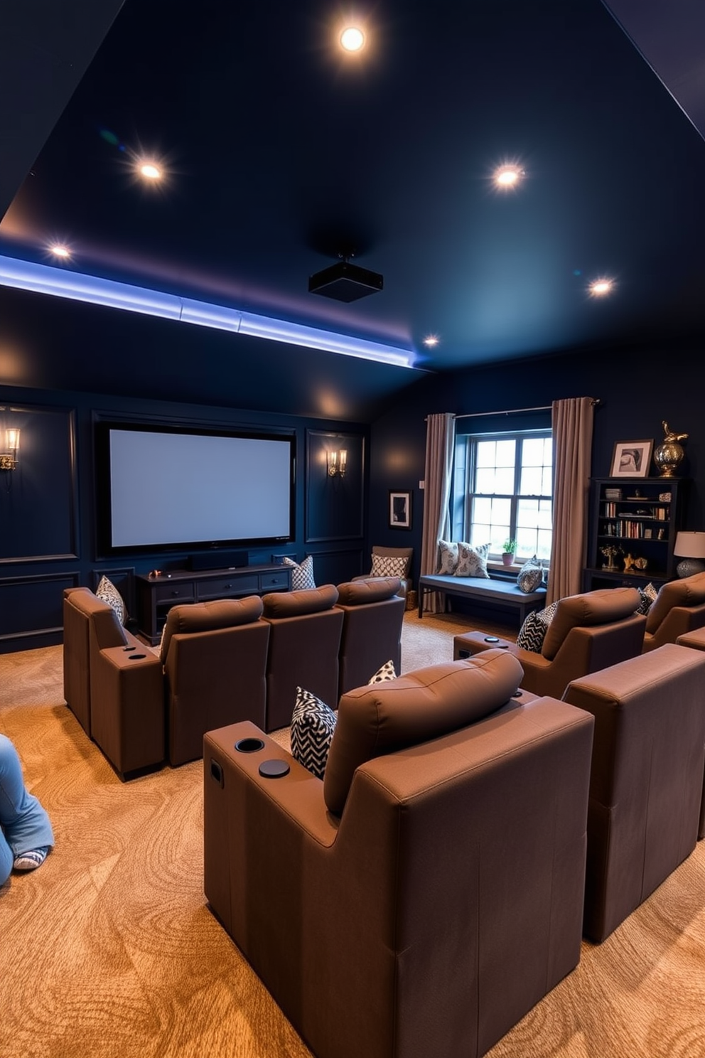 A stylish home theater with plush reclining seats arranged in a semi-circle facing a large screen. The walls are painted a deep navy blue, and the ceiling features soft ambient lighting to create a cozy atmosphere. An inviting attic room designed for relaxation and creativity. It includes a comfortable reading nook with oversized cushions, a small desk by a window, and whimsical decor that reflects a playful yet sophisticated aesthetic.