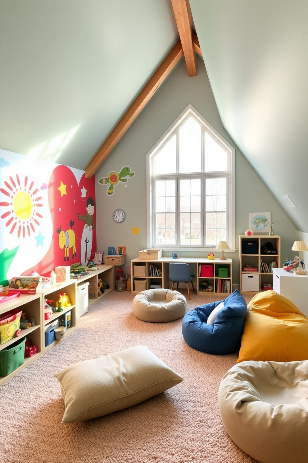 A bright playroom filled with colorful playful wall art that sparks creativity and joy. The room features a soft carpet, a variety of toys neatly organized on shelves, and a cozy reading nook with oversized cushions. An inviting attic room designed for relaxation and fun. The space includes a comfortable lounge area with bean bags, a small desk for creative projects, and large windows that let in natural light, highlighting the wooden beams of the ceiling.