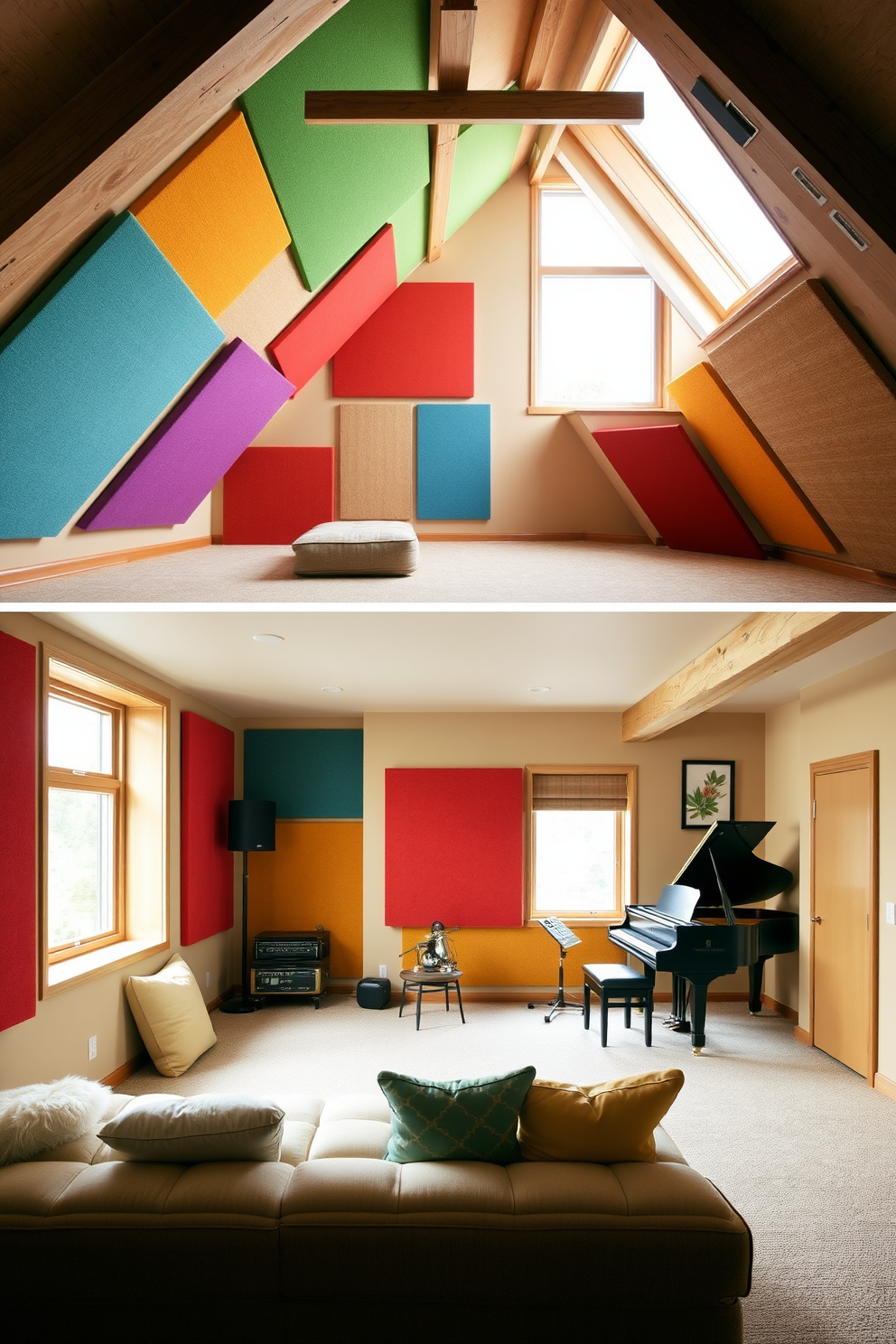 A unique music room featuring soundproofing elements to enhance acoustic quality. The walls are adorned with sound-absorbing panels in vibrant colors, and a grand piano sits in the corner under a large window. An inviting attic room designed for relaxation and creativity. It includes a cozy reading nook with plush cushions, a small desk for artistic pursuits, and exposed wooden beams that add character to the space.