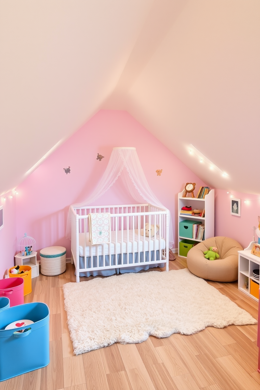 A whimsical nursery with soft pastel tones. The walls are painted in light pink and baby blue, adorned with playful animal decals. A cozy crib sits in the corner, draped with a delicate canopy, while a plush area rug adds warmth to the floor. Colorful storage bins are scattered throughout, filled with toys and books to inspire creativity. Fun attic room design ideas. The space features sloped ceilings painted in bright white, creating an airy feel. A small reading nook with a bean bag chair and a bookshelf invites relaxation, while string lights add a touch of charm.