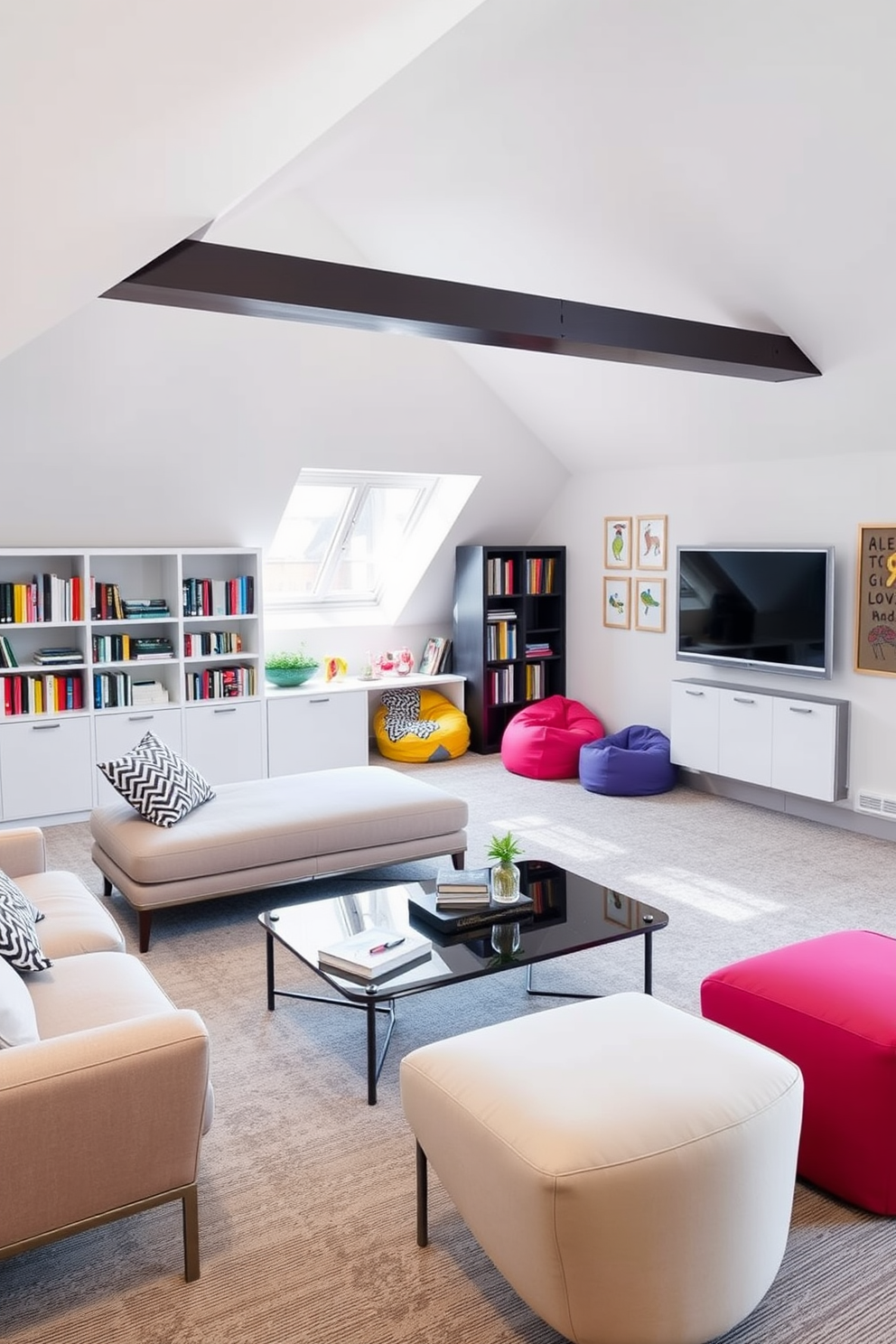 Modern lounge area with chic furniture. The space features a plush sectional sofa in a neutral tone, paired with a sleek coffee table and accent chairs in bold colors. Fun attic room design ideas. The room includes a cozy reading nook with a built-in bookshelf, colorful bean bags, and whimsical wall art that adds a playful touch.