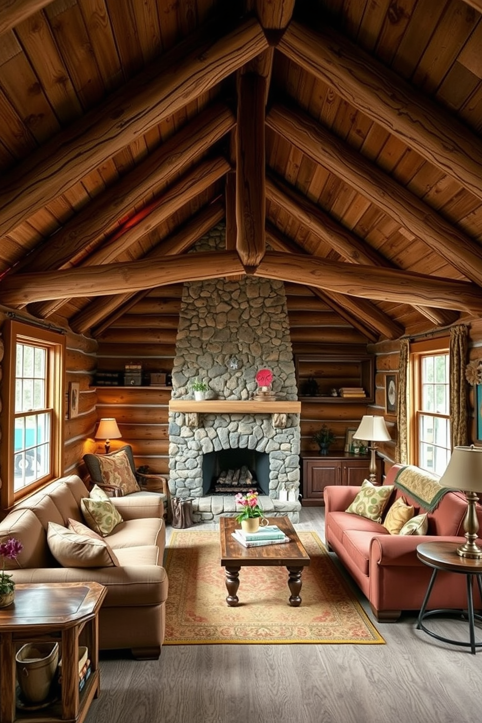 Rustic cabin retreat with wood accents. The interior features exposed wooden beams, a stone fireplace, and cozy furniture made of natural materials. Fun attic room design ideas. The space includes a playful color palette, whimsical decor, and comfortable seating areas perfect for relaxation and creativity.