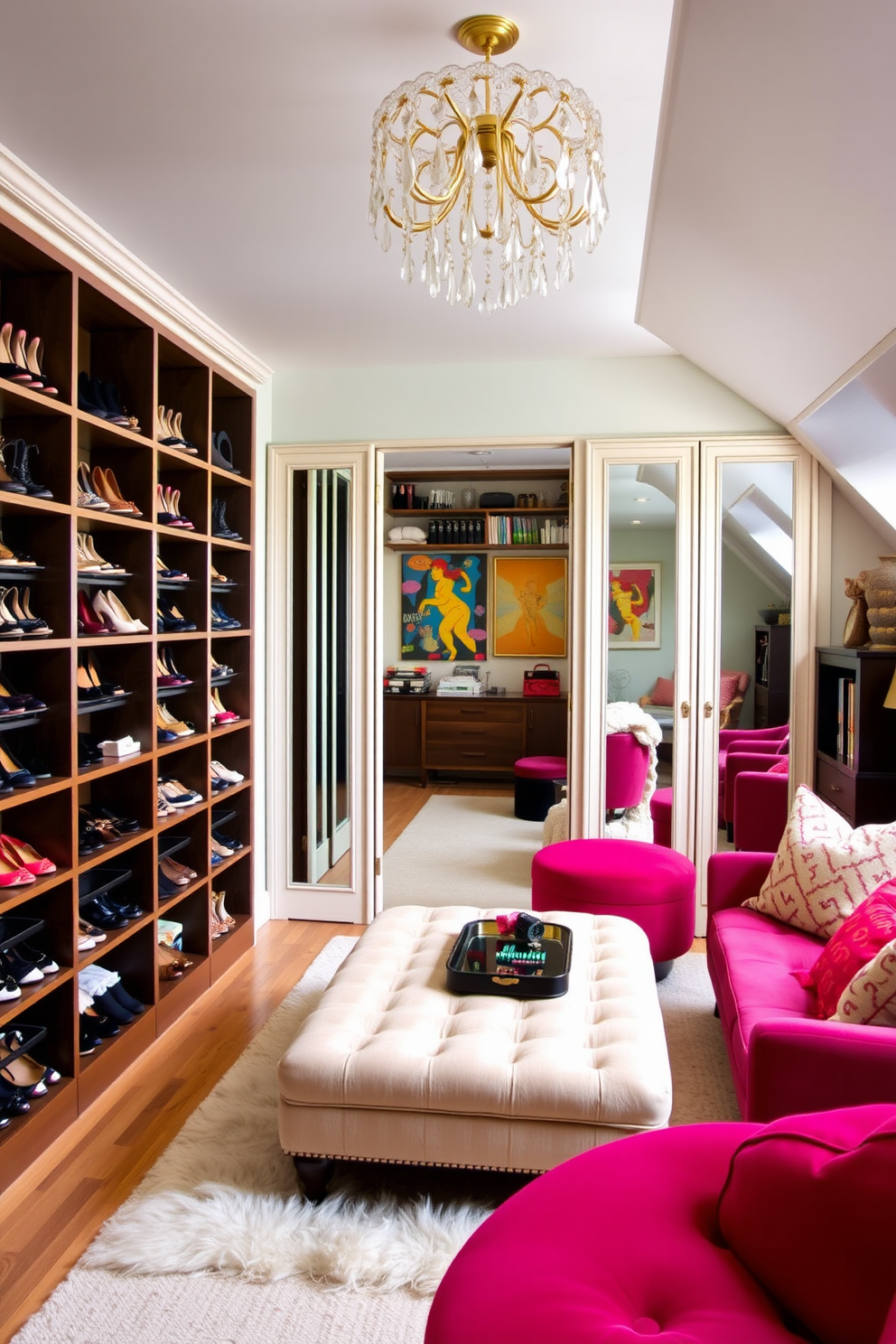 Chic dressing room with full-length mirrors. The room features elegant shelving filled with shoes and accessories, complemented by a plush ottoman in the center. Fun attic room design ideas. The space is brightened with colorful wall art and cozy seating, creating a playful yet inviting atmosphere.