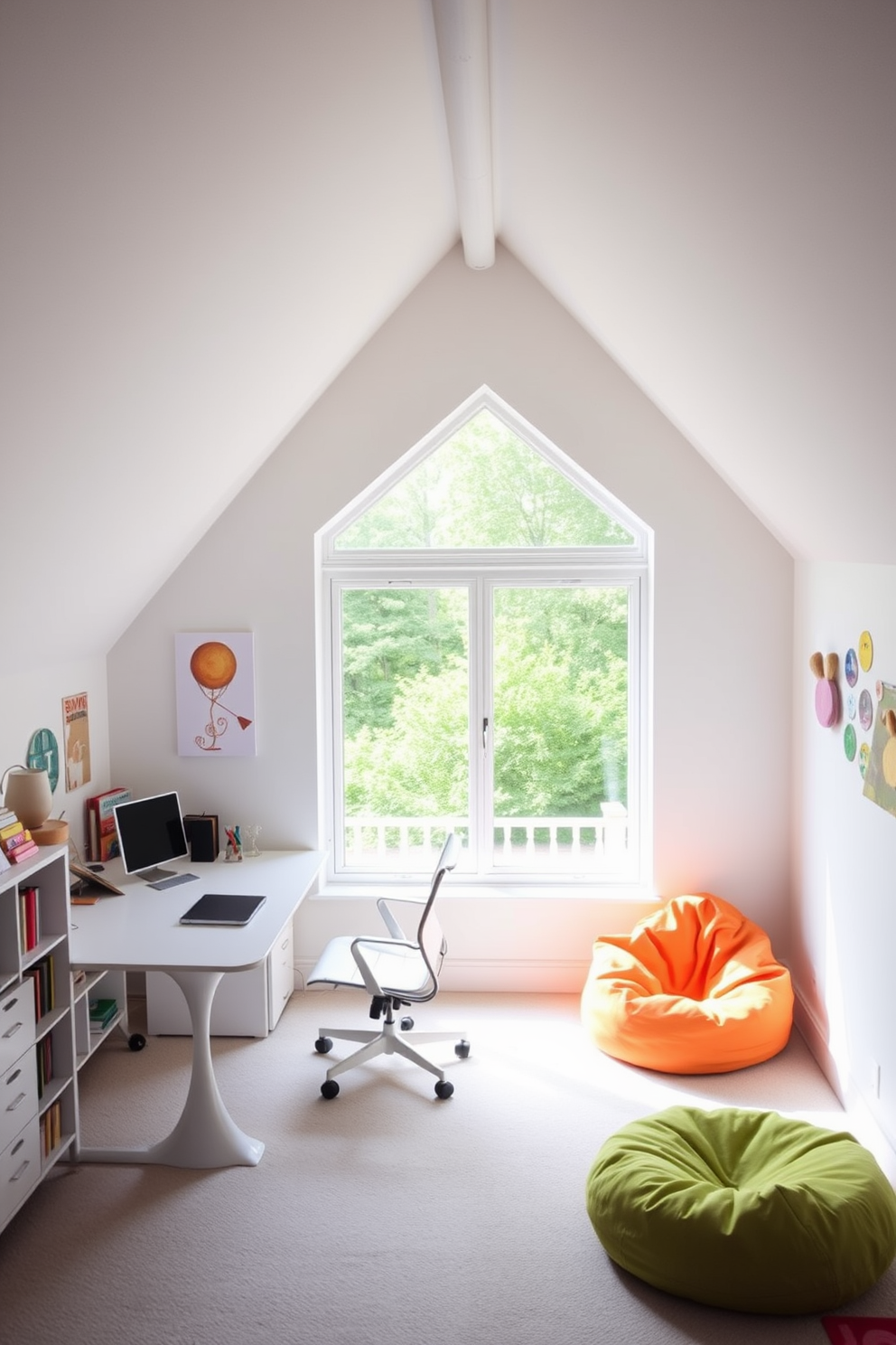 Bright workspace with inspiring decor. The room features a large window that floods the space with natural light, complemented by a sleek white desk and an ergonomic chair. Fun Attic Room Design Ideas. The area is transformed into a cozy retreat with colorful bean bags, a whimsical bookshelf, and playful wall art that sparks creativity.