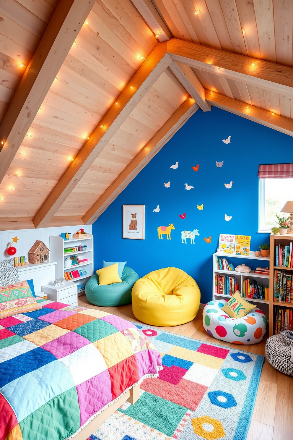 A playful kids bedroom filled with colorful decor features a bright blue accent wall adorned with whimsical animal decals. The room includes a cozy bed with a vibrant patchwork quilt and a colorful rug that adds warmth and fun to the space. For fun attic room design ideas, envision a cozy reading nook with plush bean bags and a whimsical bookshelf filled with children's books. Large windows let in natural light, illuminating the space, while fairy lights add a magical touch to the sloped ceiling.