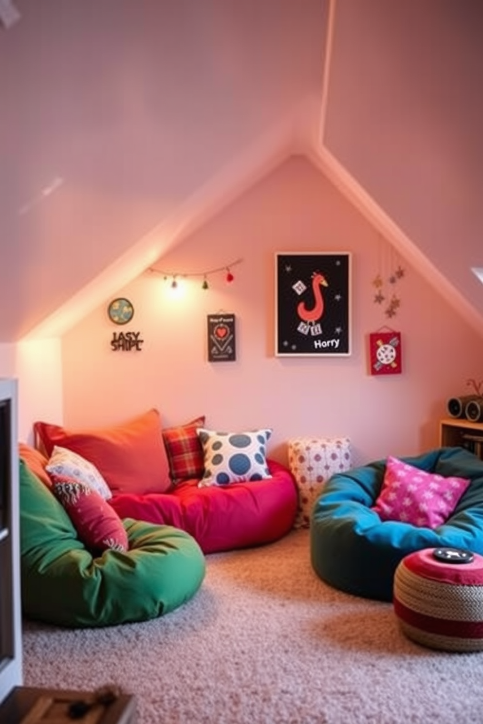 Cozy movie corner with plush cushions. Soft lighting casts a warm glow over the space, creating an inviting atmosphere perfect for movie nights. Fun Attic Room Design Ideas. The room features colorful bean bags and whimsical decor, making it a playful retreat for relaxation and creativity.