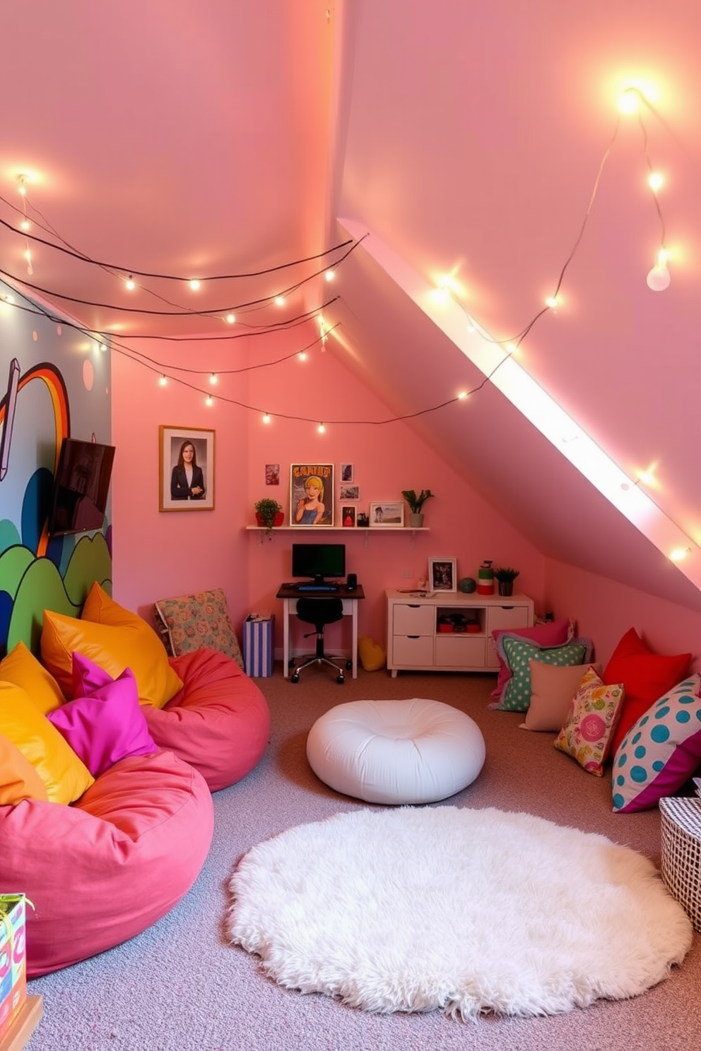 A colorful teenage hangout with fun decor features a vibrant mural on one wall and a cozy seating area filled with oversized bean bags and bright throw pillows. String lights hang from the ceiling, creating a warm and inviting atmosphere, while a small gaming station is set up in one corner. For the fun attic room design, the space is transformed with a playful color scheme of pastel shades and whimsical furniture. A sloped ceiling is adorned with fairy lights, and a reading nook with a plush rug and colorful cushions invites relaxation and creativity.