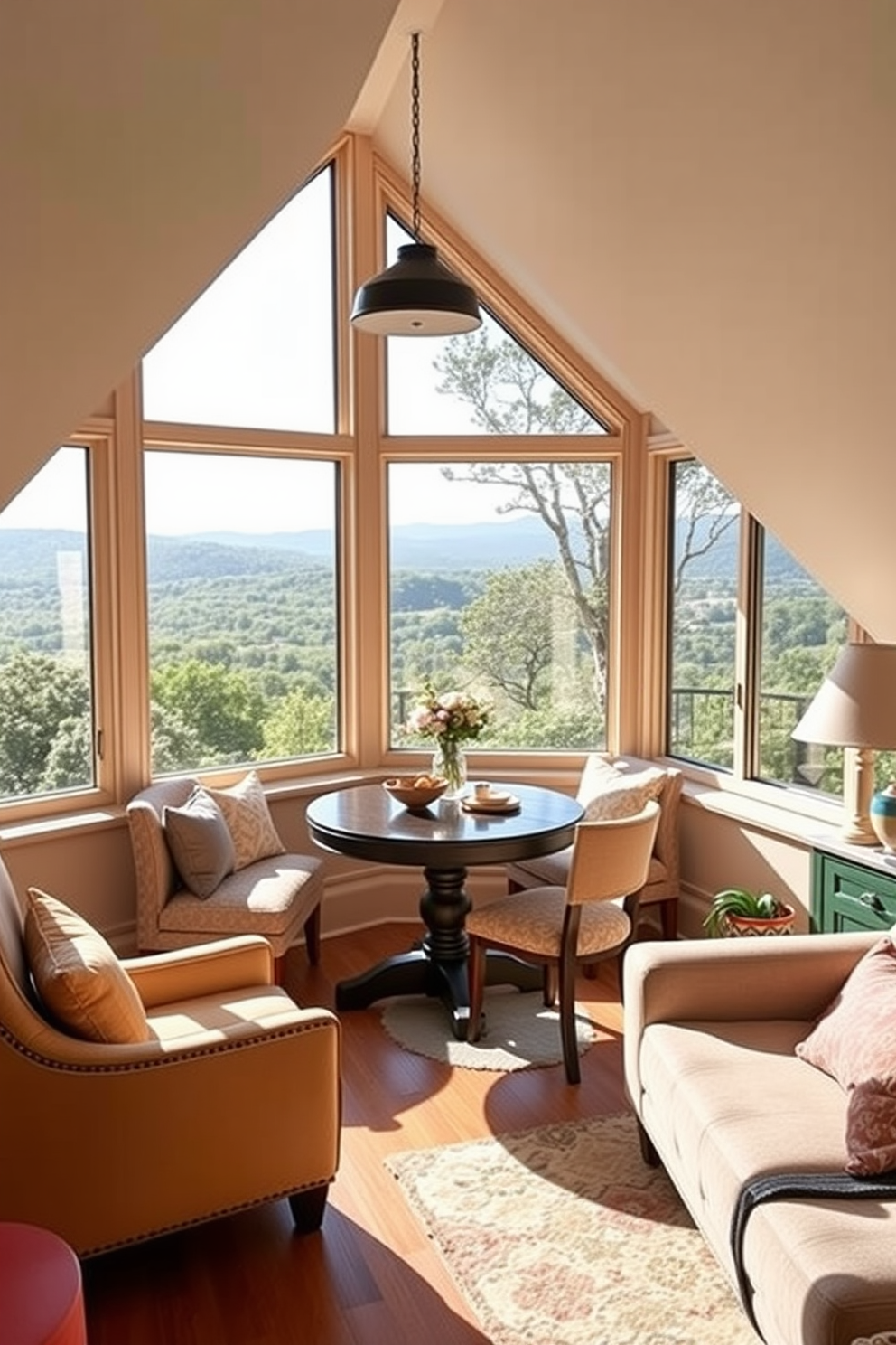 Inviting breakfast nook with scenic views. A cozy round table is surrounded by plush upholstered chairs, while large windows showcase a picturesque landscape filled with greenery and sunlight. Fun Attic Room Design Ideas. The space features a playful mix of bright colors and unique furniture pieces, with a comfortable seating area and creative storage solutions tucked under the sloped ceiling.