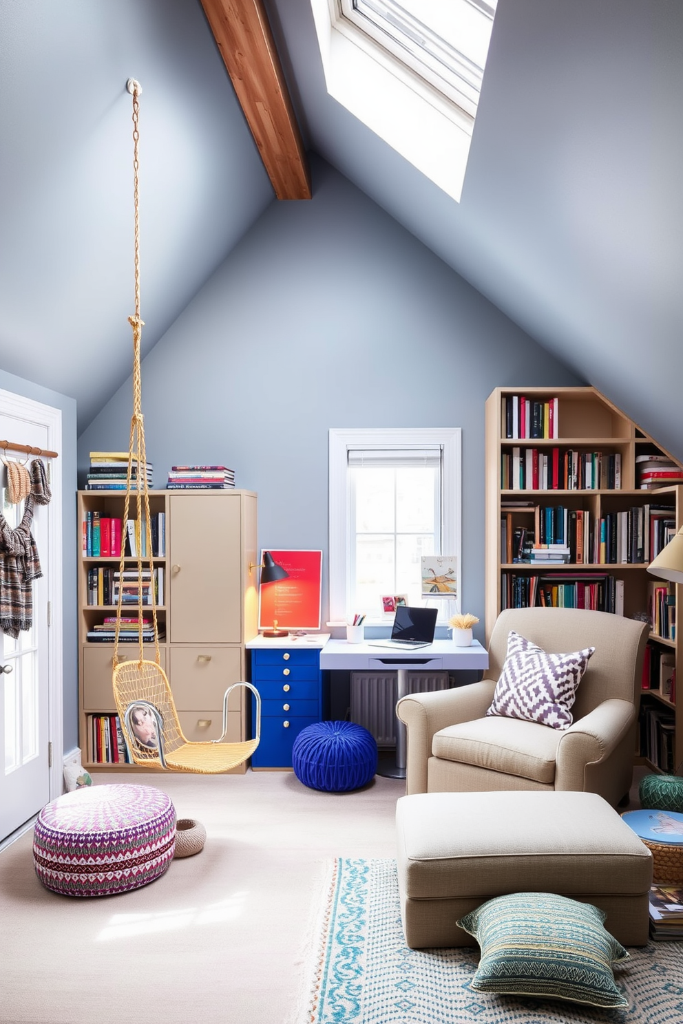 A creative writing retreat with a cozy atmosphere. The room features a large, comfortable armchair positioned next to a floor-to-ceiling bookshelf filled with books and soft lighting. Fun attic room design ideas include a playful color palette with bright accents. The space is filled with whimsical decor, such as a hanging swing chair and a small writing desk by a skylight.