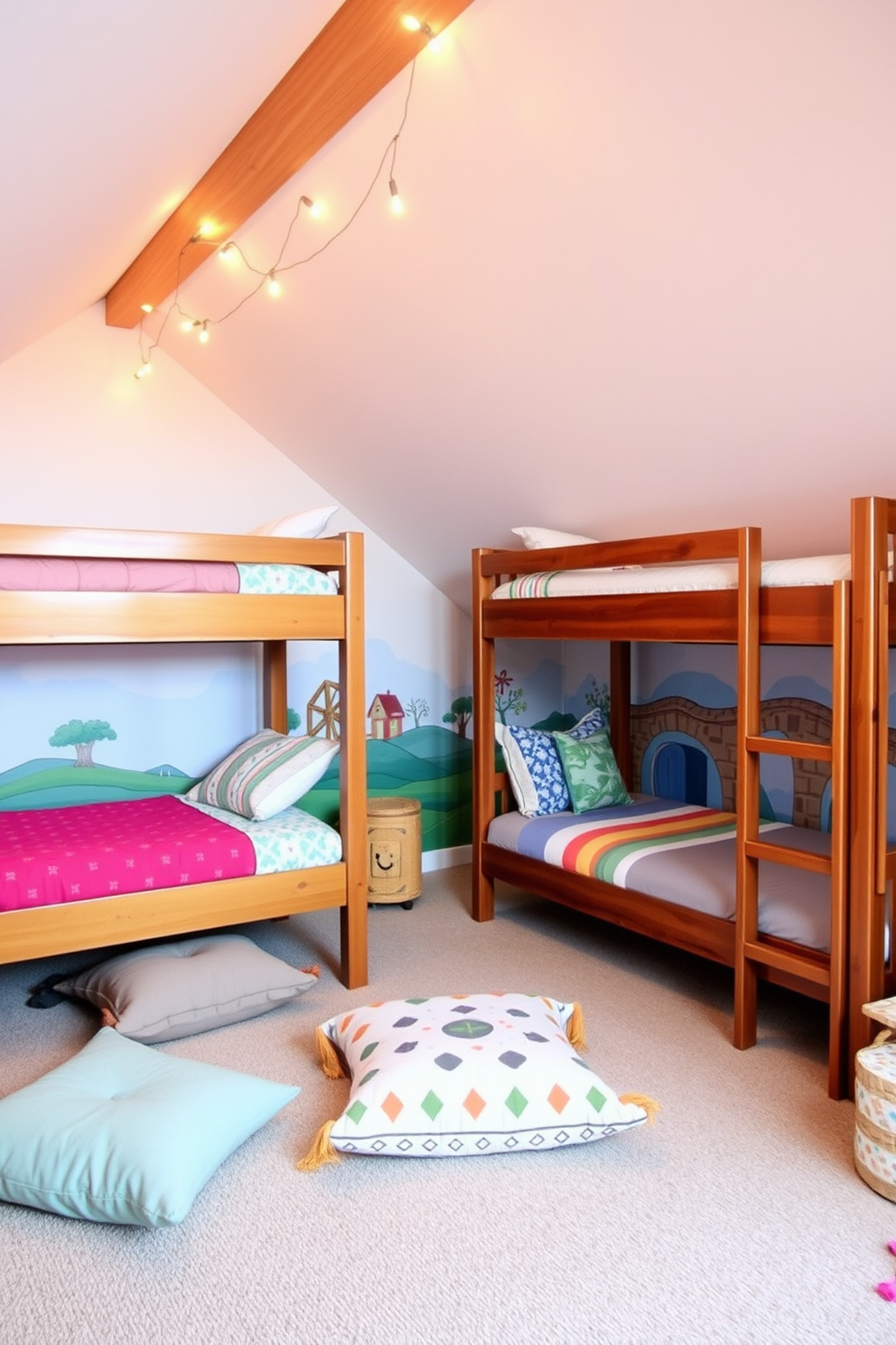 Cozy bunk room for sleepovers. The room features two sets of wooden bunk beds with colorful bedding, and soft fairy lights are strung across the ceiling. Fun attic room design ideas. The space includes a playful reading nook with oversized cushions, and a bright mural adorns one wall to create an imaginative atmosphere.