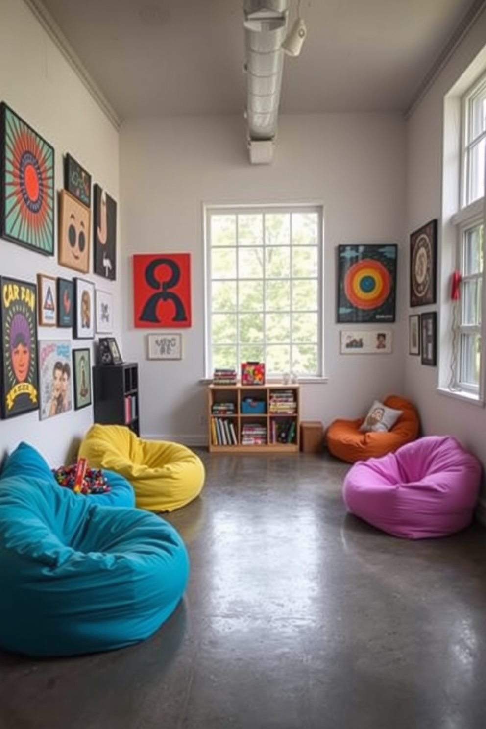 Artistic gallery space for personal creations. The walls are adorned with vibrant artwork, and the floor is polished concrete, creating a modern feel. Fun Attic Room Design Ideas. The space features cozy nooks with colorful bean bags, a small bookshelf filled with games, and large windows letting in natural light.