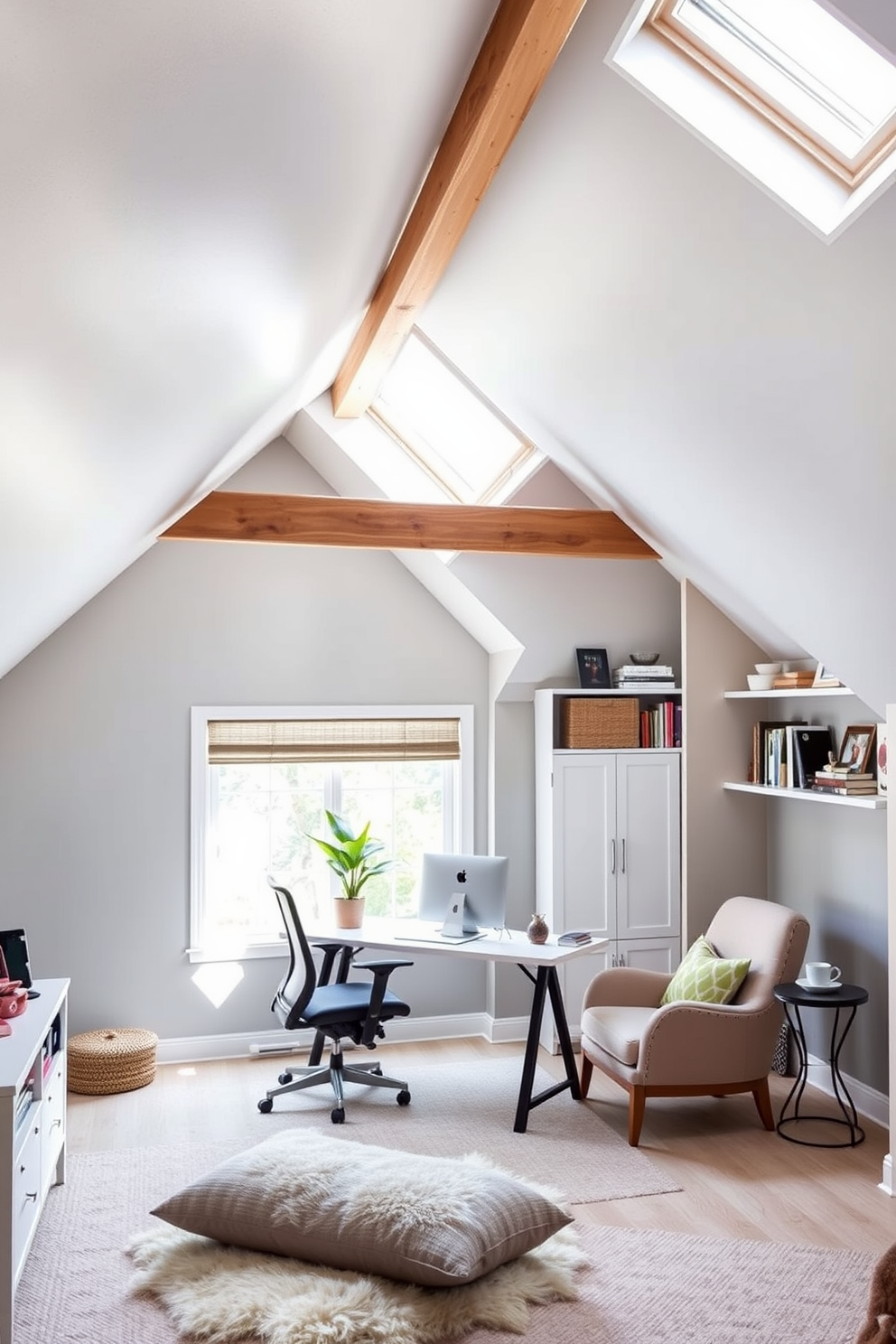 A cozy home office featuring a sloped ceiling with exposed wooden beams. The room is filled with natural light from a large window, and a stylish desk sits beneath the slope, accompanied by a comfortable ergonomic chair. The walls are painted in a soft gray, adorned with shelves filled with books and decorative items. A plush area rug lies on the floor, and a small indoor plant adds a touch of greenery to the space. An inviting attic room designed for relaxation and creativity. The sloped ceiling is painted white, enhancing the sense of space, while a large skylight allows for ample sunlight. A comfortable reading nook is created with a soft armchair and a small side table, perfect for enjoying a book. The room features a mix of cozy textiles and warm colors, making it a perfect retreat.