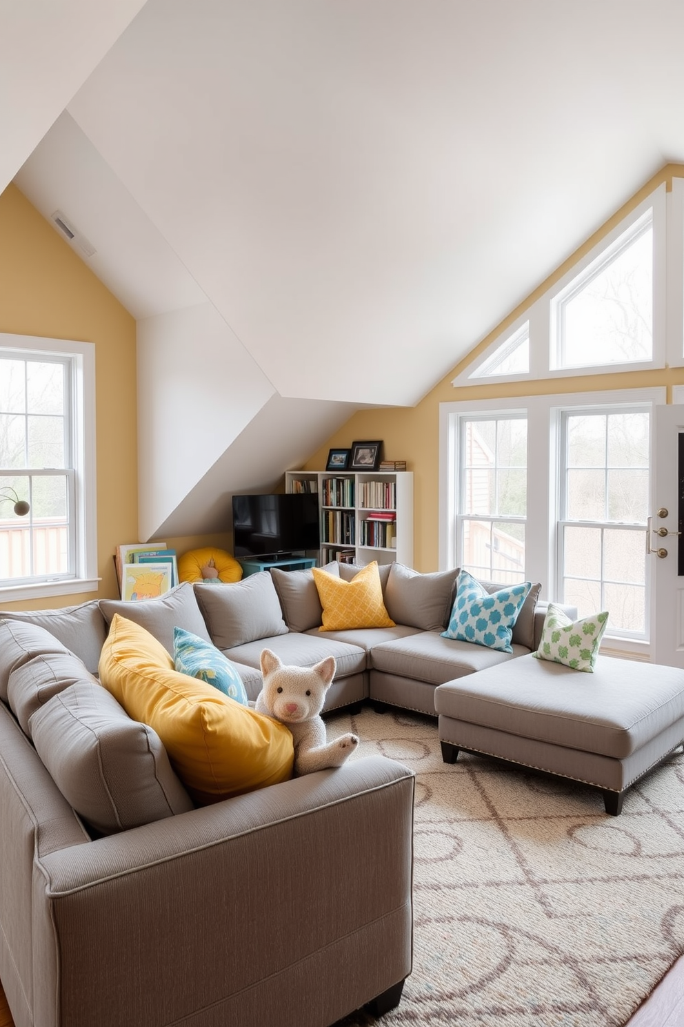 Inviting family room with a spacious sectional sofa in a soft gray fabric. Large windows allow natural light to flood the room, and a cozy area rug anchors the seating arrangement. Fun attic room design ideas featuring a playful color palette of bright yellows and blues. A comfortable reading nook is created with oversized cushions and a whimsical bookshelf filled with colorful books.