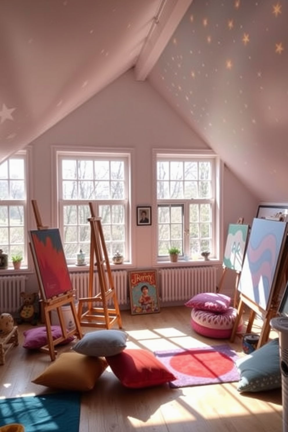 Art studio with natural light windows. The space features large floor-to-ceiling windows that flood the room with sunlight, illuminating the wooden easels and vibrant canvases scattered throughout. Fun attic room design ideas. The room is filled with playful decor, including a cozy reading nook with colorful cushions and a whimsical ceiling painted with stars, creating a magical retreat.