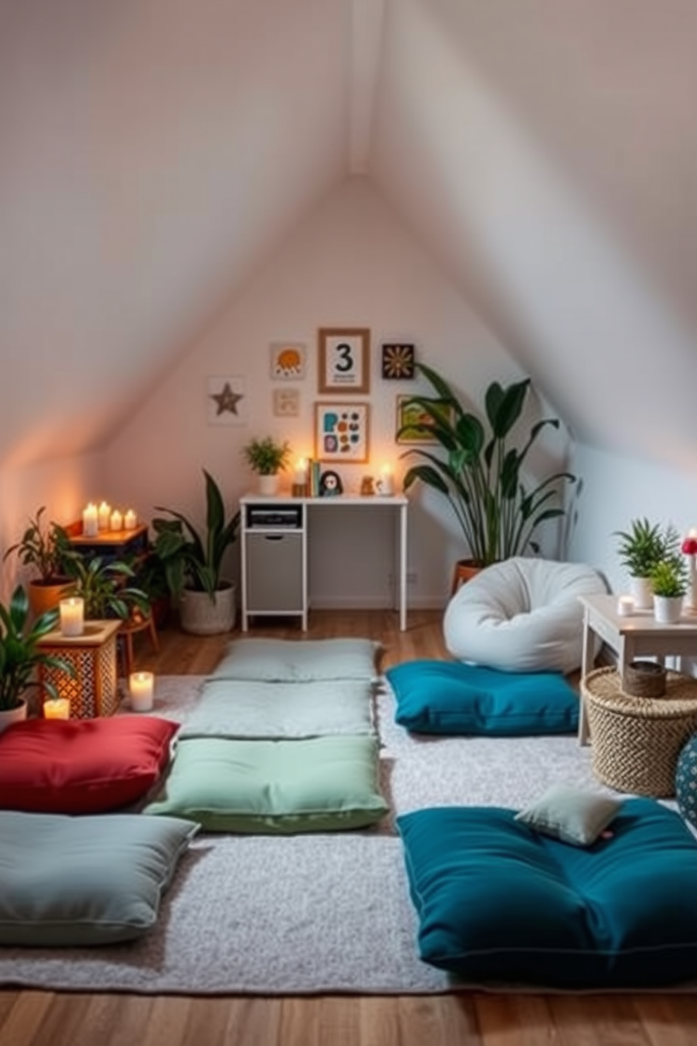 Relaxing meditation space with soft lighting. The room features floor cushions in calming colors, surrounded by plants and candles that create a tranquil atmosphere. Fun Attic Room Design Ideas. This space includes a cozy reading nook with a bean bag chair, playful wall art, and a small desk for creative activities.