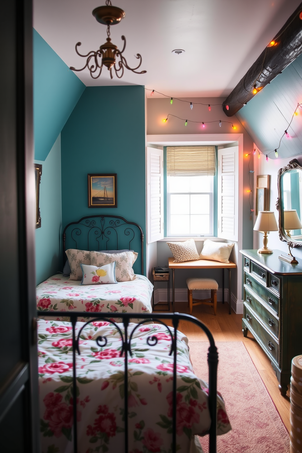 Charming guest bedroom with vintage accents. The room features a wrought iron bed with a floral quilt, antique bedside tables, and a vintage dresser adorned with a framed mirror. Fun attic room design ideas. This space includes a cozy reading nook with oversized cushions, a small desk for creative projects, and colorful string lights that add a whimsical touch.