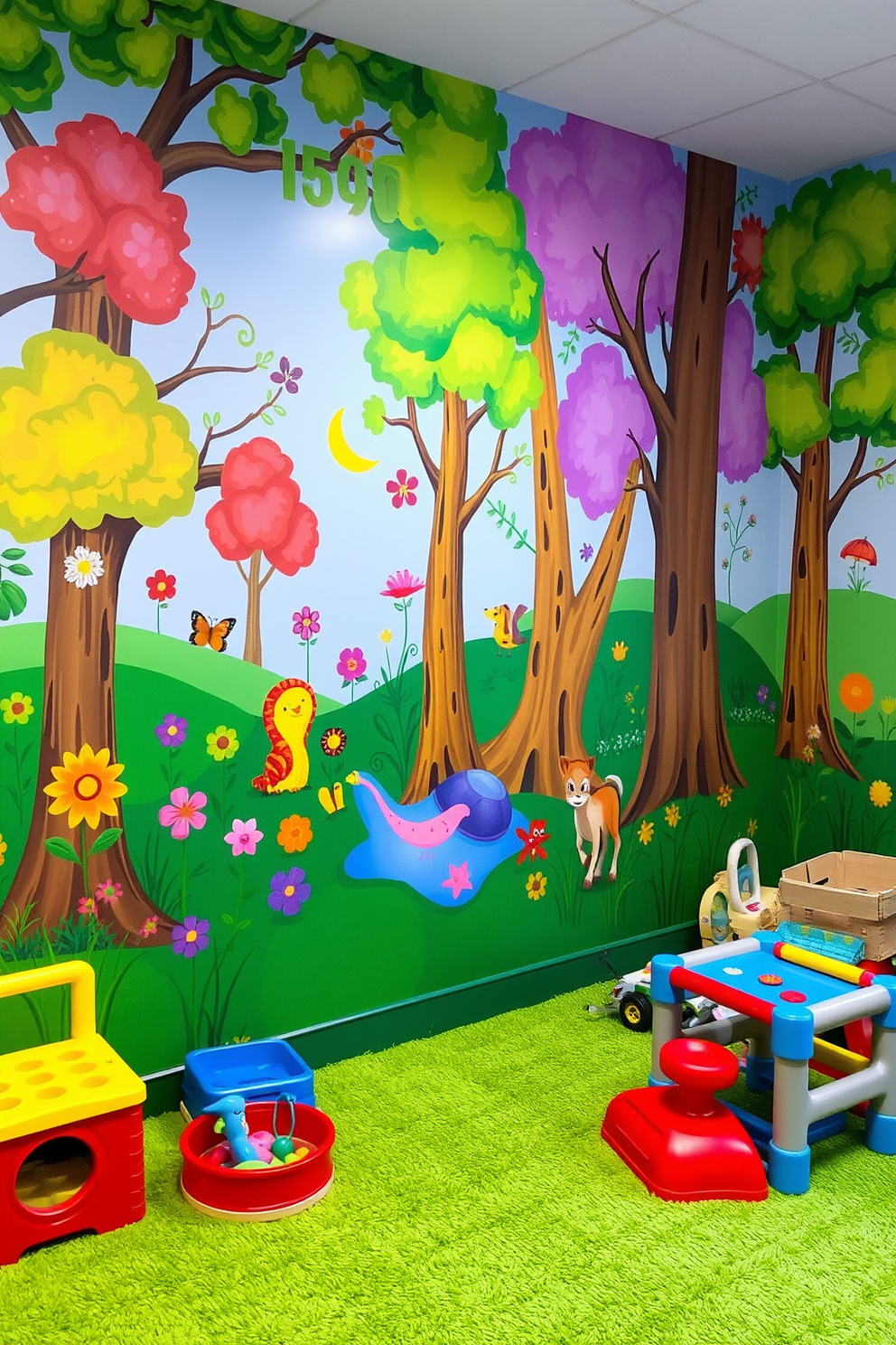 A vibrant mural depicting a whimsical forest scene adorns the wall, filled with colorful trees, playful animals, and bright flowers. The playroom features a soft, plush carpet in cheerful colors, with a variety of toys and games scattered around for children to enjoy.