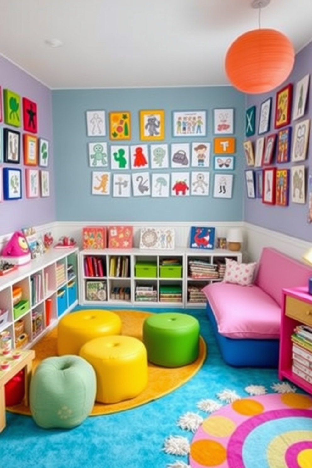 A vibrant playroom filled with colorful wall-mounted displays showcasing children's artwork. The walls are painted in cheerful hues, and soft, playful furniture is arranged to create an inviting space for creativity and fun. A cozy corner features a large, cushioned reading nook surrounded by shelves filled with books and toys. Brightly colored rugs and playful decor elements enhance the joyful atmosphere of this imaginative playroom.