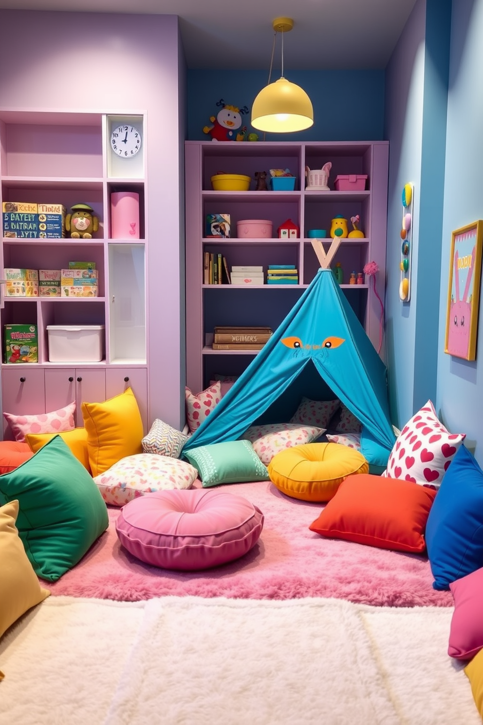 A soft play area filled with colorful cushions and plush mats creates a cozy and inviting atmosphere for children. The space is designed with bright, cheerful colors and playful patterns to stimulate creativity and imagination. In one corner, a small tent or playhouse adds an element of adventure, while shelves lined with toys and books encourage exploration. Soft lighting and whimsical decor complete the fun playroom design, making it a perfect retreat for kids to enjoy.