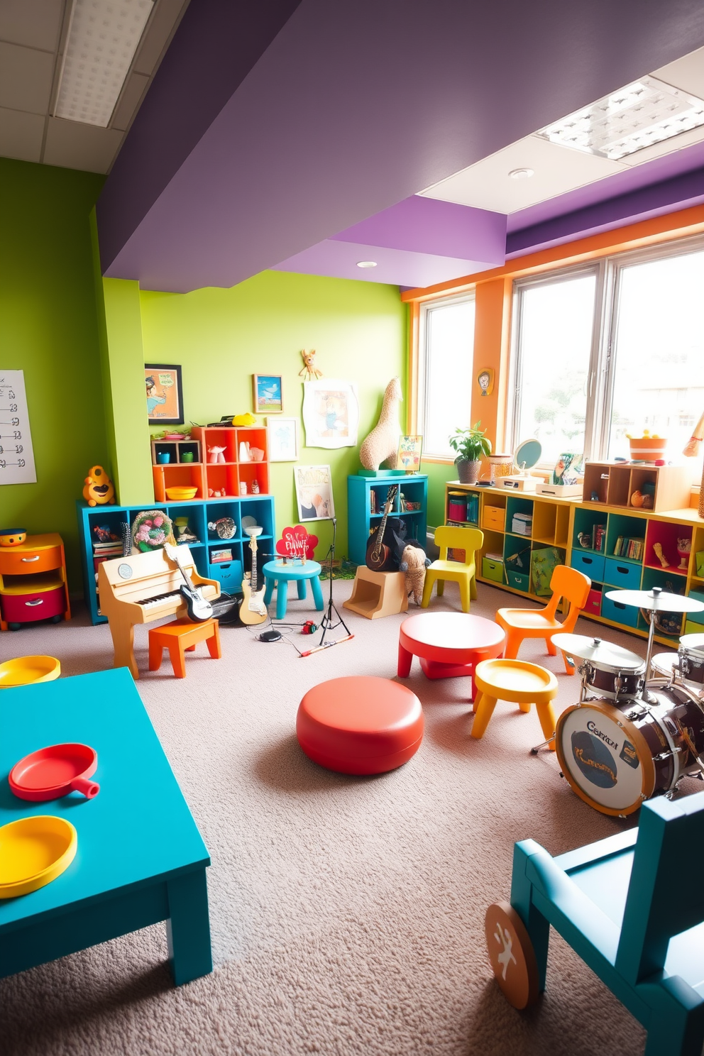 A vibrant playroom filled with colorful furniture and playful decor. In one corner, a variety of musical instruments are arranged for exploration, including a small piano, a guitar, and a set of drums. The walls are painted in bright, cheerful colors, and the floor is covered with soft, plush carpeting. Large windows let in natural light, creating an inviting atmosphere for creativity and fun.