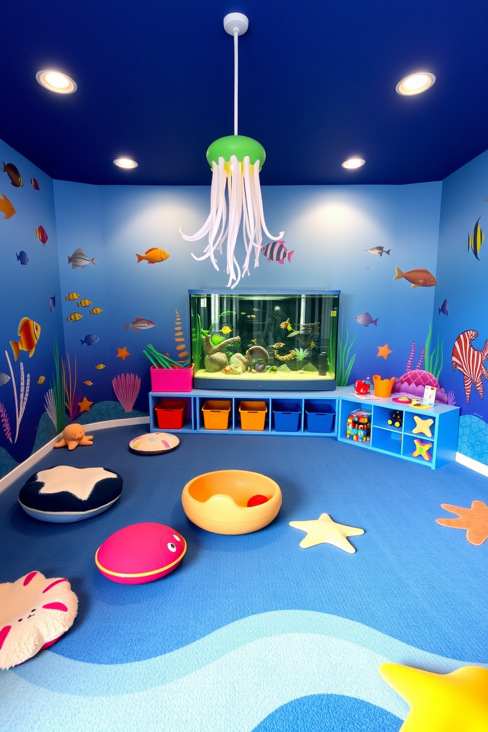 A vibrant under-the-sea themed playroom filled with colorful marine life murals on the walls. The floor is covered with soft blue carpeting resembling ocean waves, and there are plush sea creature cushions scattered around for seating. In one corner, a large aquarium is filled with tropical fish, creating a lively atmosphere. Brightly colored storage bins shaped like shells and starfish hold toys and games, while a whimsical lighting fixture resembling a jellyfish hangs from the ceiling.