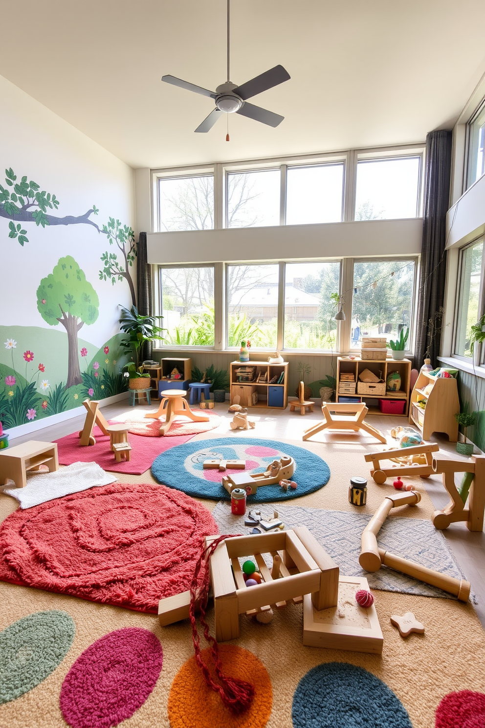 A vibrant outdoor-inspired playroom filled with natural elements. The walls are adorned with murals of trees and flowers, while large windows let in ample sunlight and views of the garden outside. Soft, colorful rugs cover the floor, creating a cozy area for play. Various wooden toys and nature-themed decorations are scattered throughout, encouraging creativity and exploration.