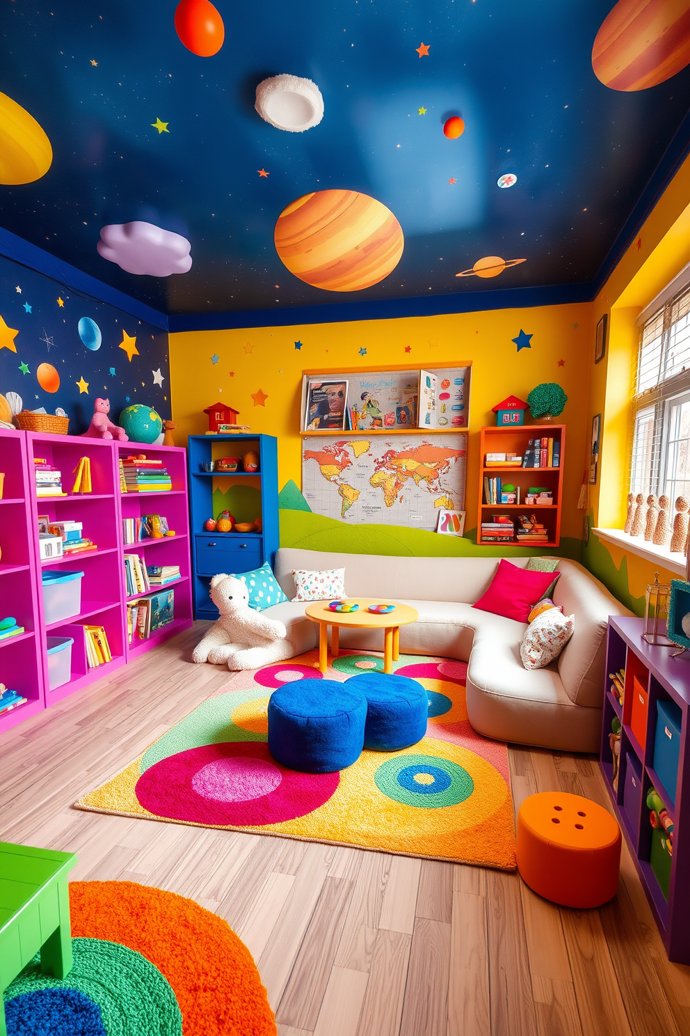 A whimsical playroom filled with vibrant colors and playful furniture. The walls are adorned with murals of stars and planets, creating an imaginative atmosphere. Soft, plush seating is arranged in a cozy corner, surrounded by colorful rugs that invite children to play. Shelves are filled with toys and books, while a small table is set up for arts and crafts activities.