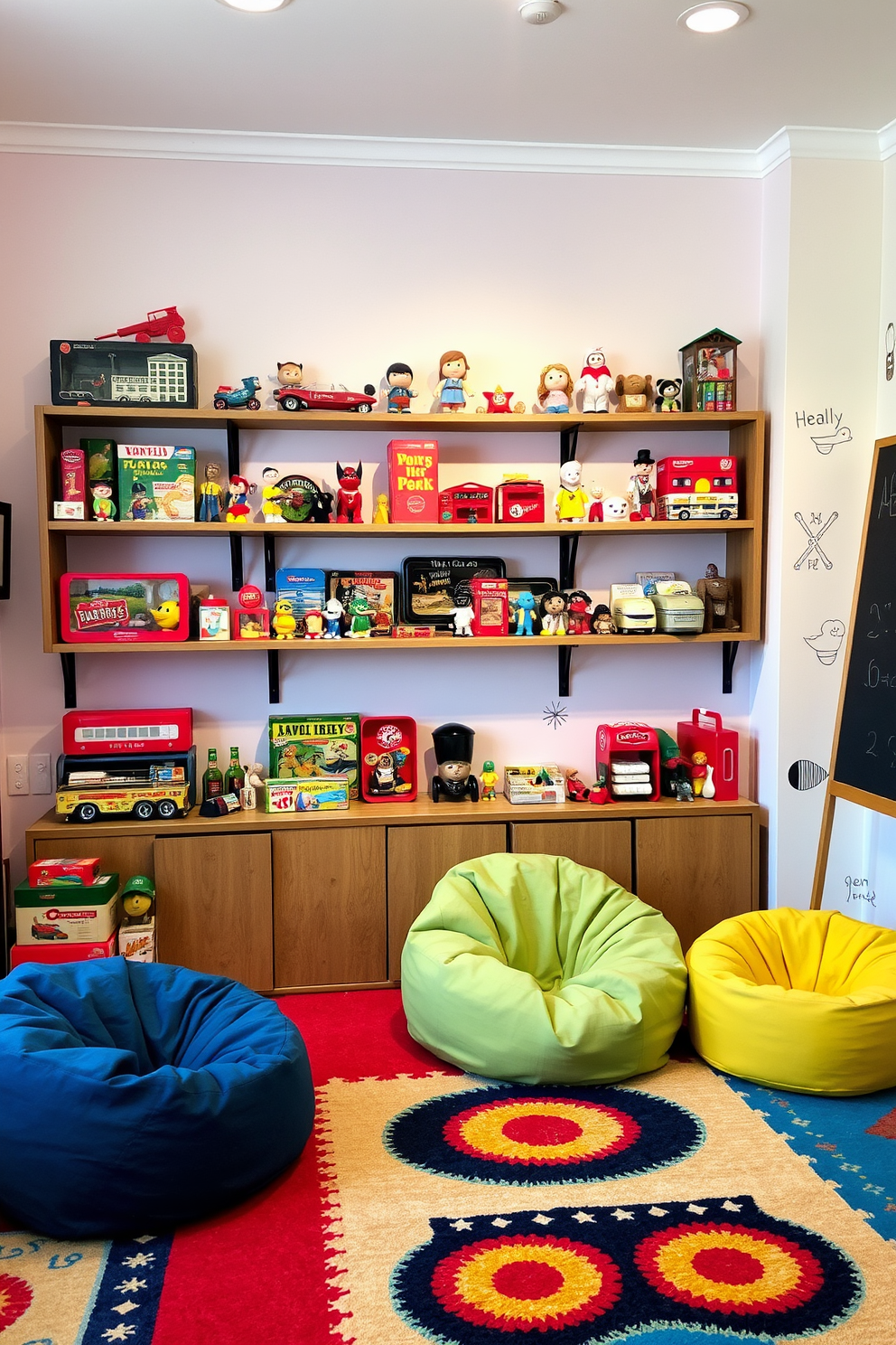 A vintage toy display showcasing a variety of classic toys arranged on wooden shelves. The backdrop features soft pastel colors, creating a warm and inviting atmosphere. A playful playroom design with colorful rugs and bean bags scattered around. Walls adorned with whimsical decals and a chalkboard for creative expression enhance the fun environment.