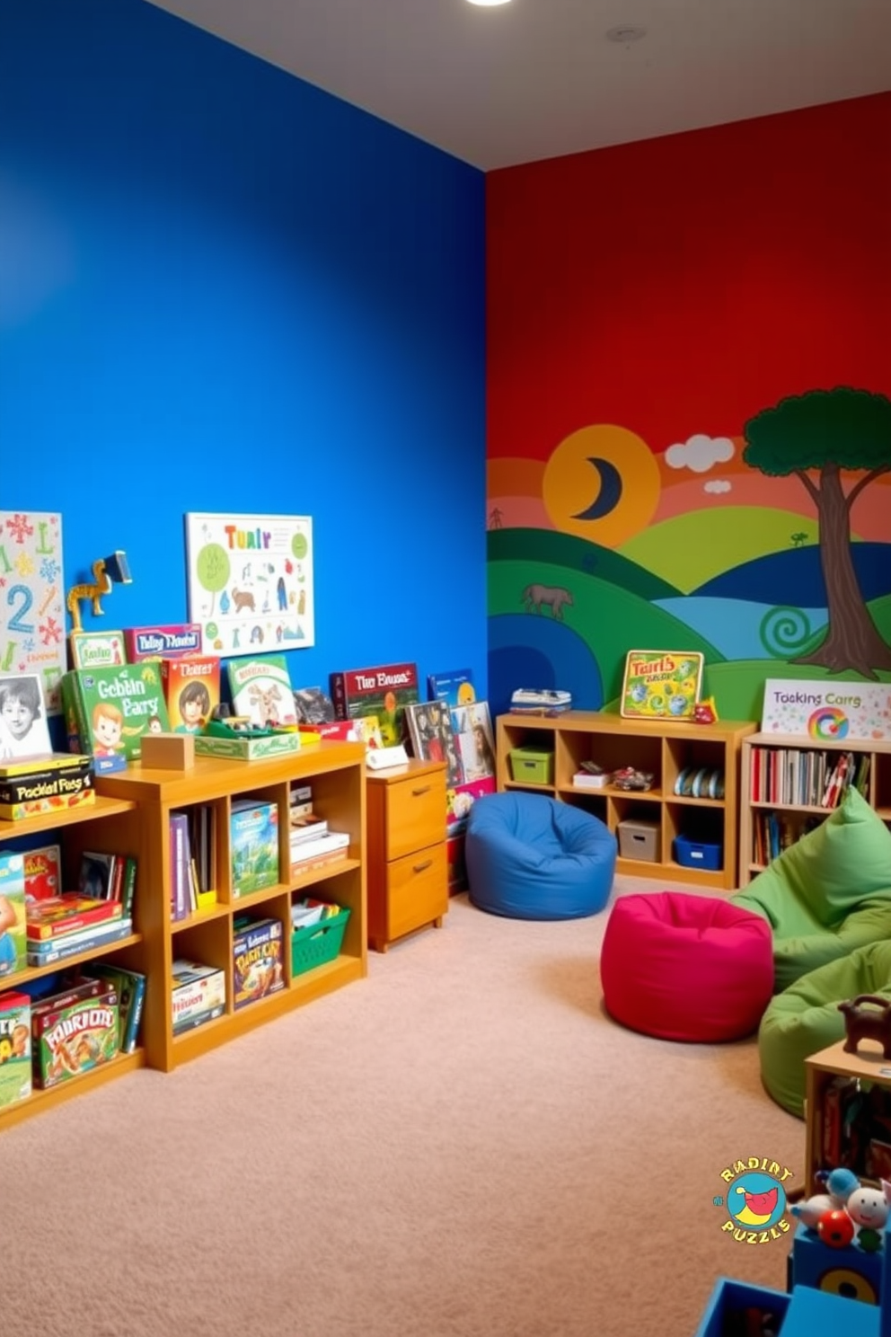 A vibrant playroom filled with colorful puzzles and games invites family fun. The walls are painted in bright primary colors, and a soft, plush carpet covers the floor for comfort during playtime. In one corner, a large wooden shelf holds an assortment of board games and toys, while a cozy reading nook with bean bags offers a quiet space for storytime. A playful mural depicting a whimsical landscape adorns one wall, inspiring creativity and imagination.