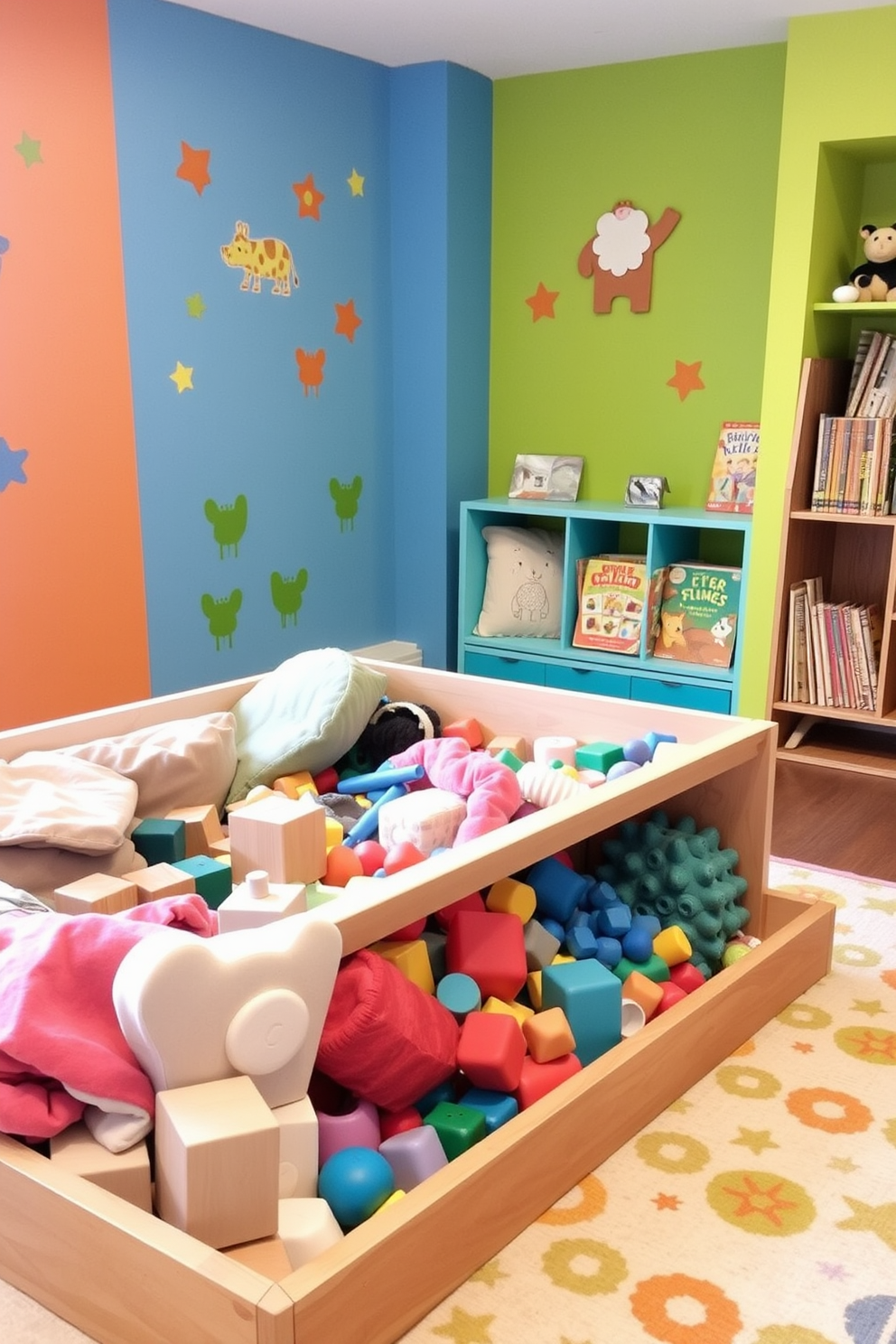 A sensory play station filled with various textures including soft fabrics, smooth wooden blocks, and bumpy rubber toys. The walls are painted in bright, cheerful colors with playful wall decals featuring animals and shapes. The playroom features a cozy reading nook with plush cushions and a small bookshelf filled with colorful children's books. A large rug with a fun pattern covers the floor, providing a comfortable space for kids to explore and play.