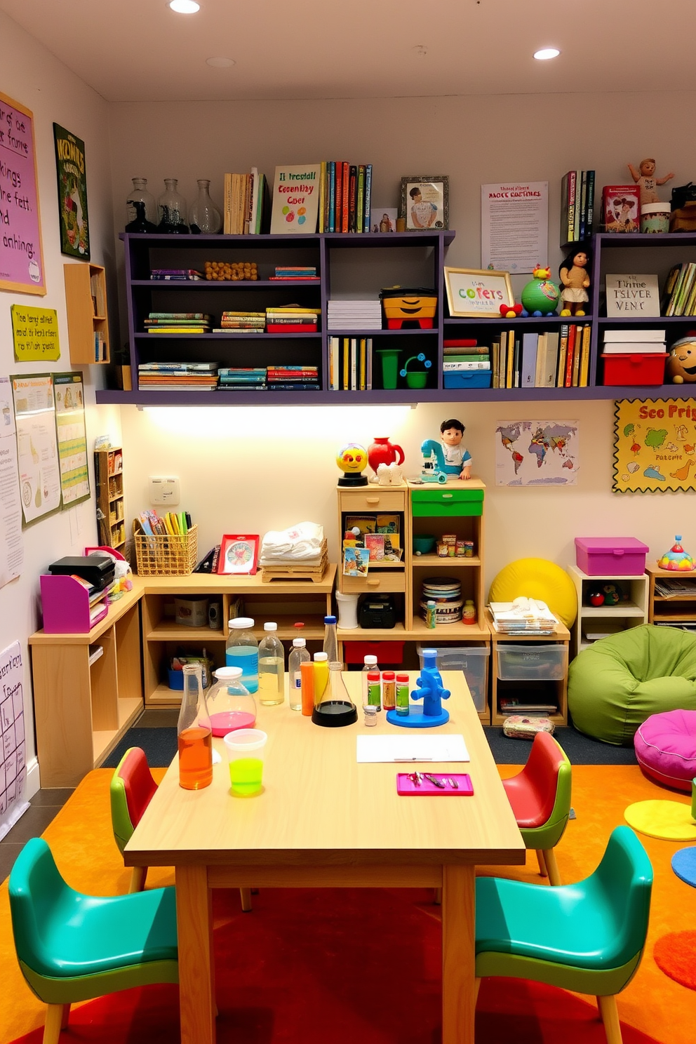 A vibrant science corner filled with colorful lab equipment and fun experiments. A sturdy table is covered with beakers, test tubes, and a microscope, surrounded by shelves of science books and educational posters. A playful playroom designed for creativity and exploration. The space features bright rugs, a variety of toys, and art supplies, with a cozy reading nook complete with bean bags and colorful wall art.