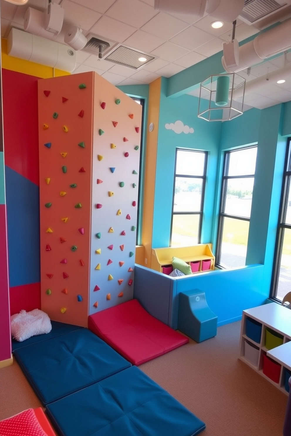 A vibrant playroom featuring an indoor climbing wall designed for active play. The walls are painted in bright colors, and soft mats are placed below the climbing area for safety. The space includes various engaging play zones with plush seating and colorful storage bins. Large windows allow natural light to flood the room, creating an inviting atmosphere for children to explore and enjoy.