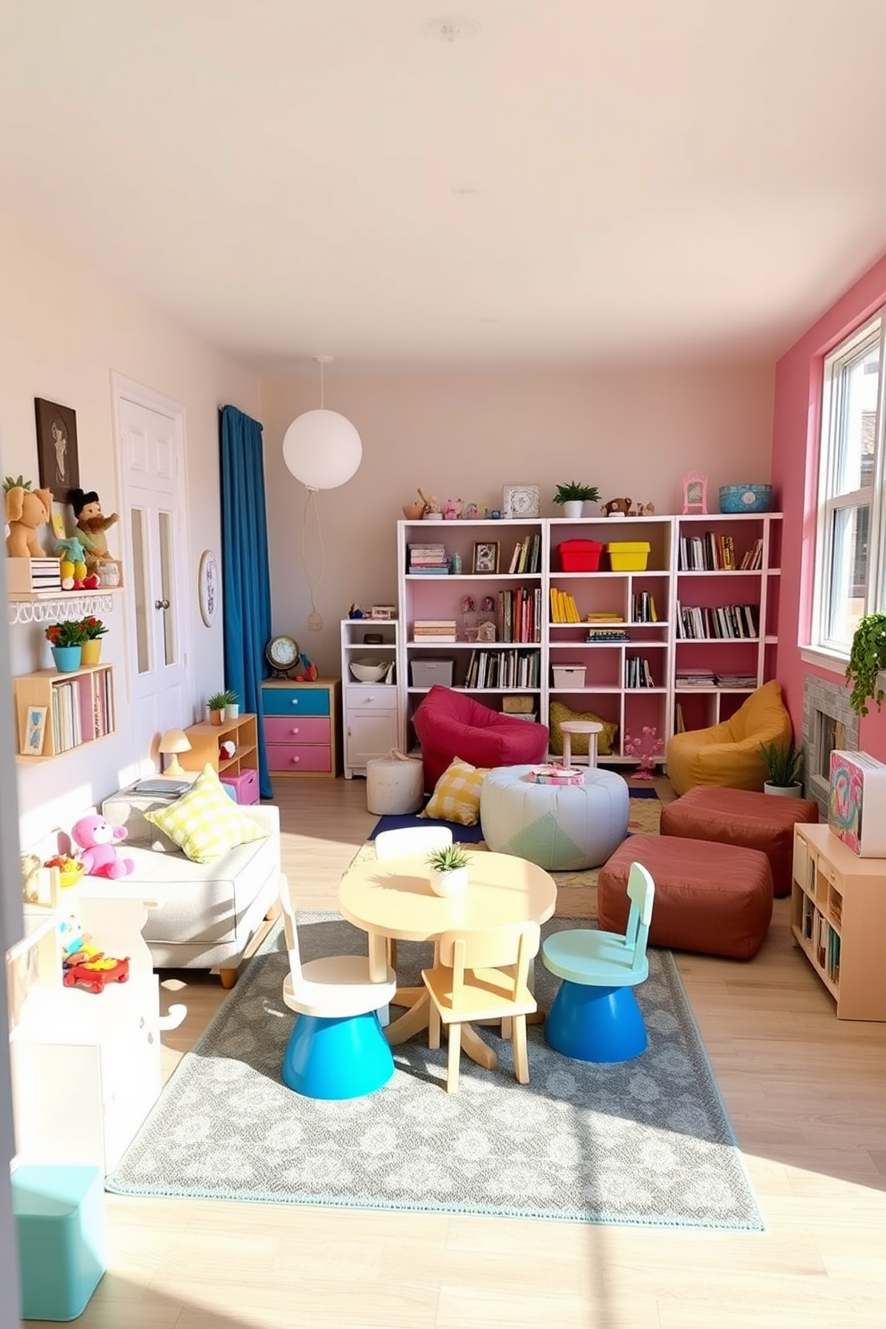 A whimsical dollhouse area featuring an array of miniature furniture including a tiny sofa, a small dining table, and cute little chairs. The walls are painted in soft pastel colors, and the floor is covered with a playful patterned rug that adds to the charm of the space. A vibrant playroom designed for fun and creativity, filled with colorful toys and interactive play zones. Large windows allow natural light to flood the room, highlighting a cozy reading nook with bean bags and shelves filled with books.