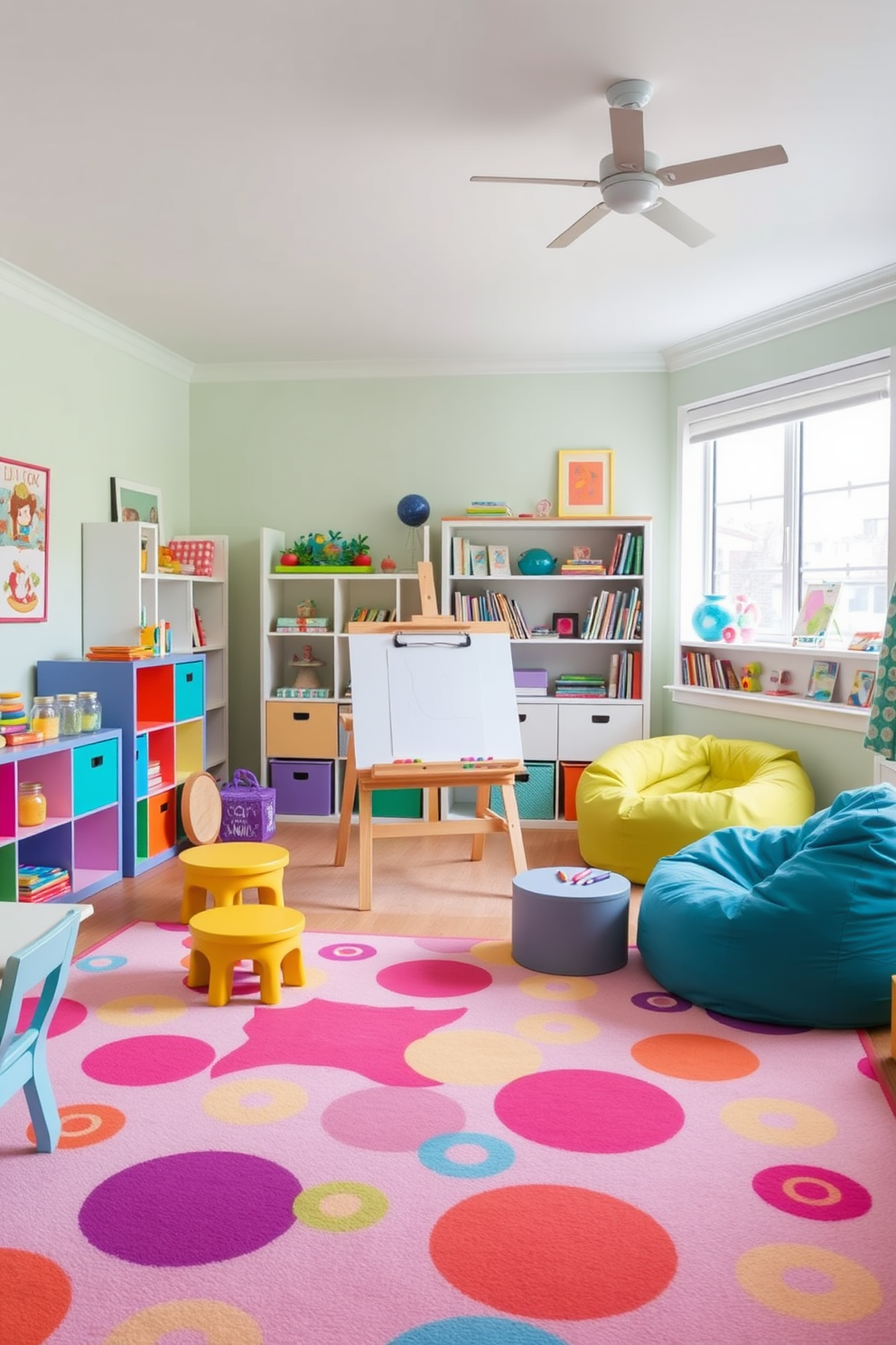 A bright and cheerful playroom filled with colorful furniture and playful decor. The walls are painted in a soft pastel hue, and a large area rug with playful patterns covers the floor. In one corner, a sturdy art easel stands ready for creativity, surrounded by jars of paint and various drawing supplies. A cozy reading nook with bean bags and shelves filled with books invites relaxation and imagination.