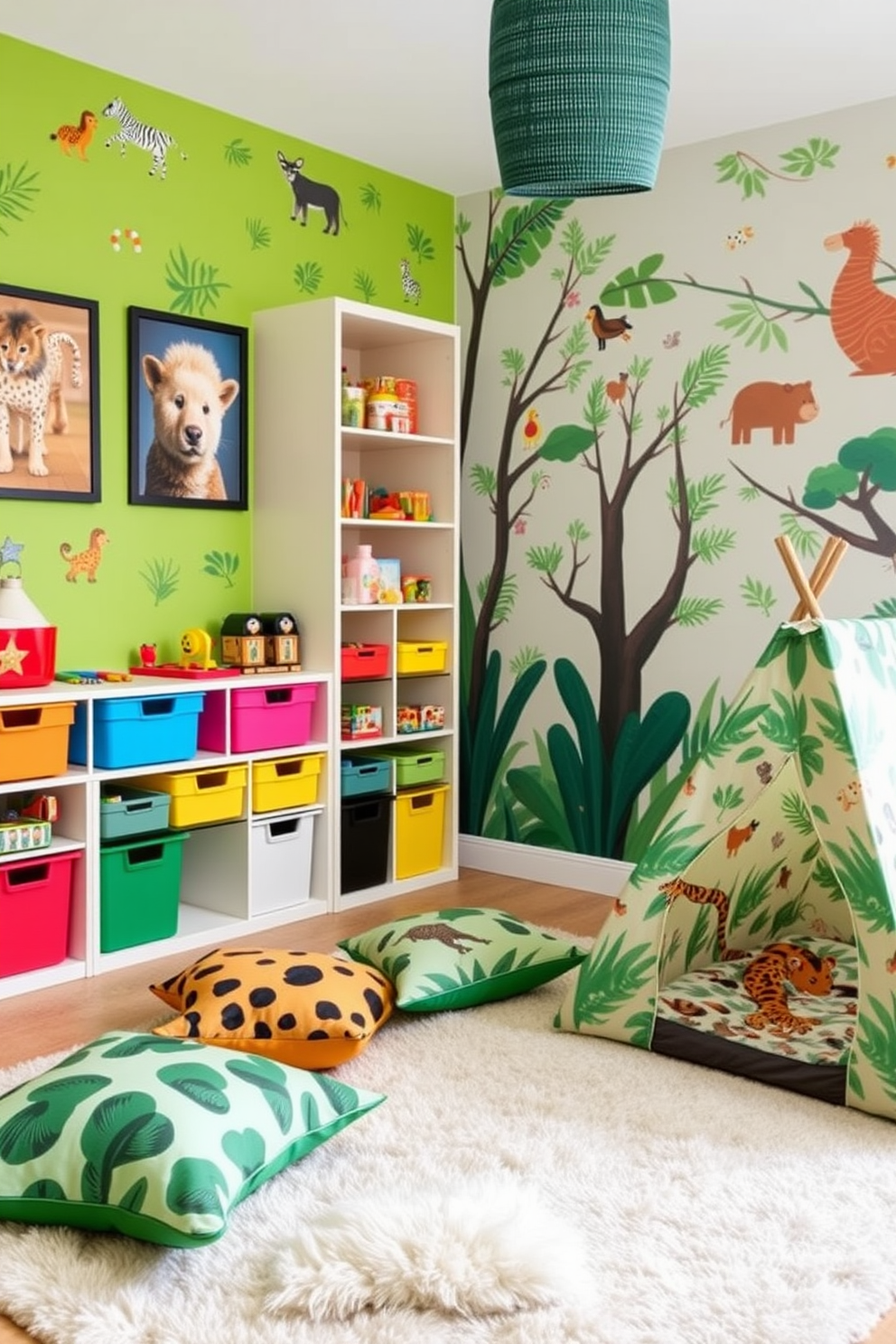 Animal themed decor for a jungle vibe. The room features vibrant green walls adorned with playful animal prints and plush jungle-themed cushions scattered across a soft rug. Fun playroom design ideas. The space includes colorful storage bins for toys, a whimsical tent for imaginative play, and a mural of a jungle scene to inspire creativity.