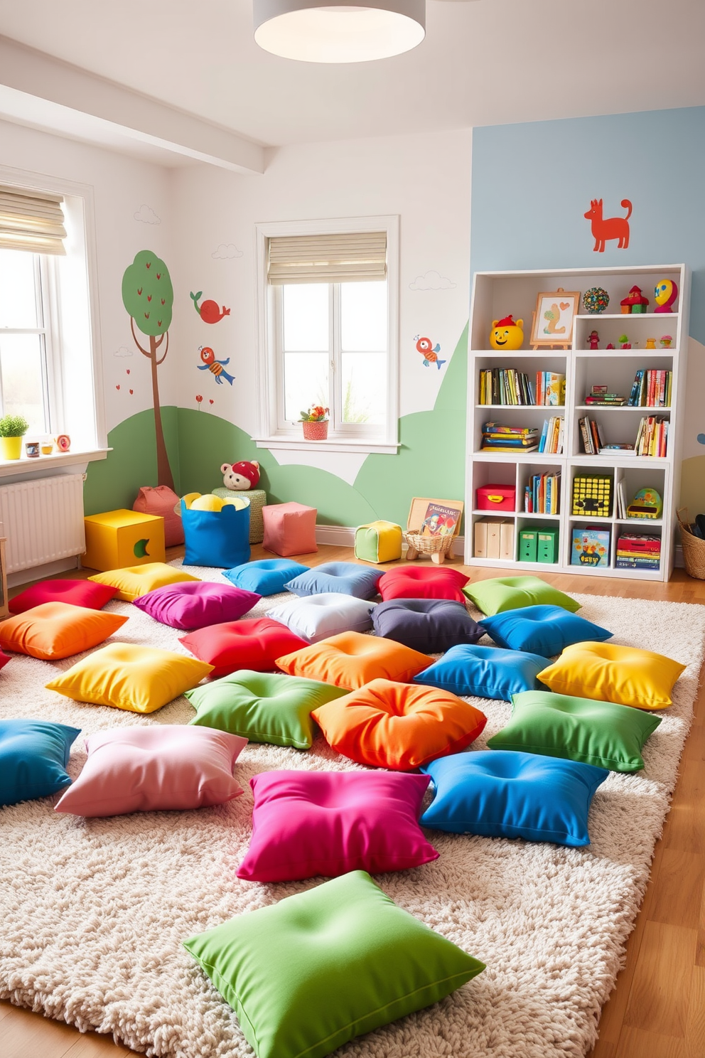 A vibrant playroom filled with colorful floor cushions in various shapes and sizes scattered across a soft, plush rug. The walls are adorned with playful murals and there is a cozy reading nook with shelves filled with books and toys.