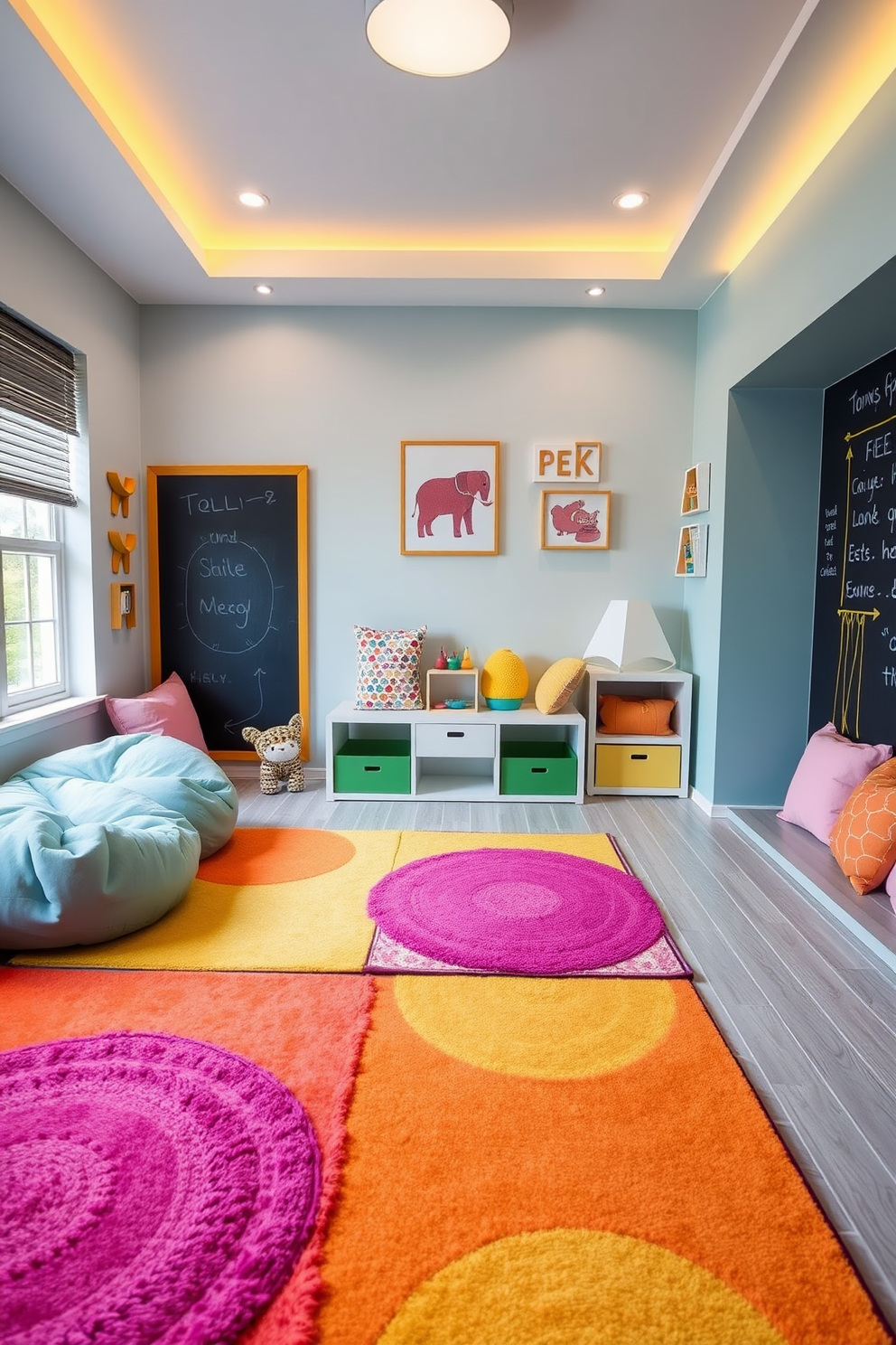 Brightly colored rugs add a vibrant touch to a playful playroom, creating an inviting atmosphere for children to explore. The space features soft, oversized cushions and playful wall art, encouraging creativity and comfort. Fun playroom design ideas include interactive zones with modular furniture that can be easily rearranged for different activities. Incorporating elements like a chalkboard wall and a cozy reading nook inspires imaginative play and learning.