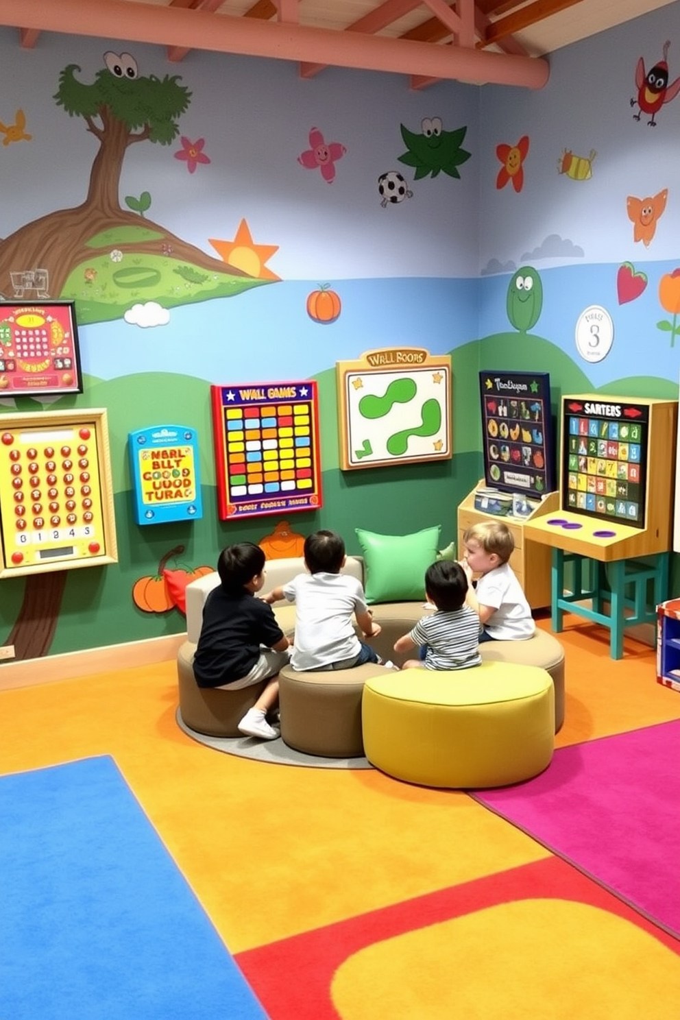 A vibrant playroom filled with interactive wall games designed for group play. The walls are decorated with colorful murals, and various game boards are mounted at different heights for accessibility. Soft, plush seating is arranged in a cozy corner, encouraging collaboration and teamwork among children. Brightly colored rugs define play areas, creating a fun and inviting atmosphere for creativity and imagination.