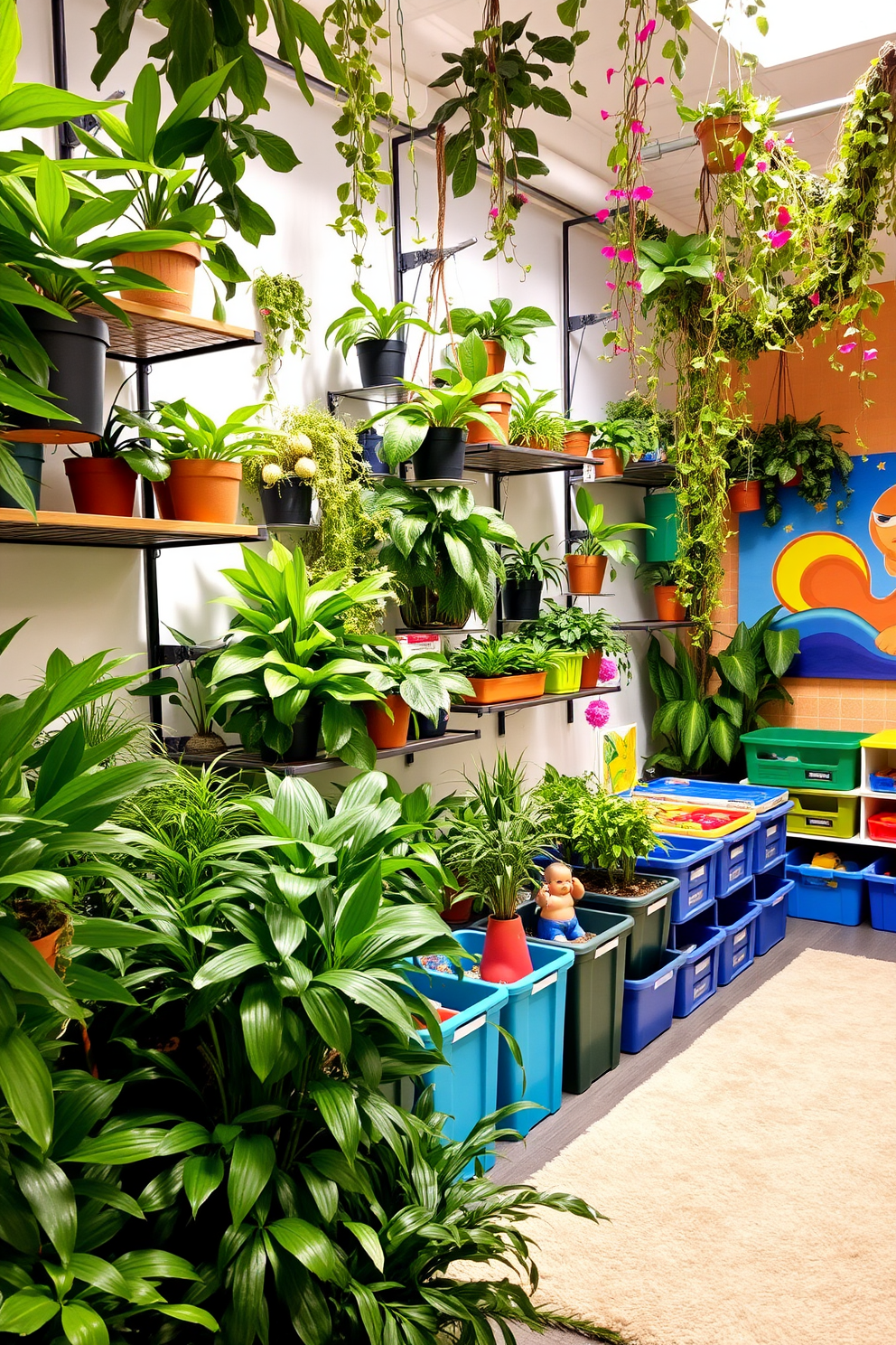 A nature-inspired decor setting filled with lush green plants and vibrant foliage. The space features a variety of potted plants arranged on shelves and hanging from the ceiling, creating a serene and refreshing atmosphere. A playful and colorful playroom designed for children to explore and create. The room includes a soft rug, a variety of toys neatly organized in bins, and bright wall art that sparks imagination and joy.